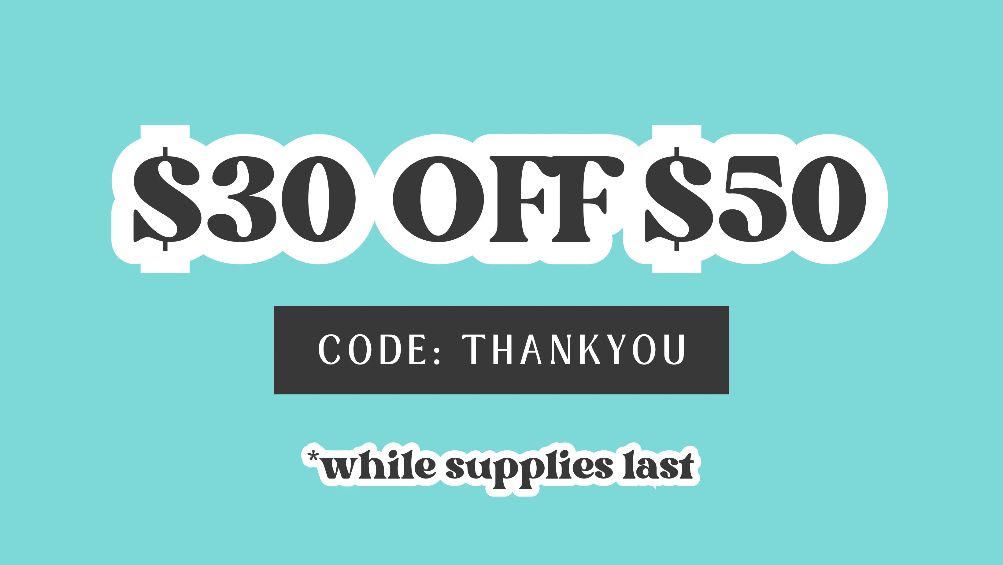 Promotional offer with $30 off $50 discount code on a blue background