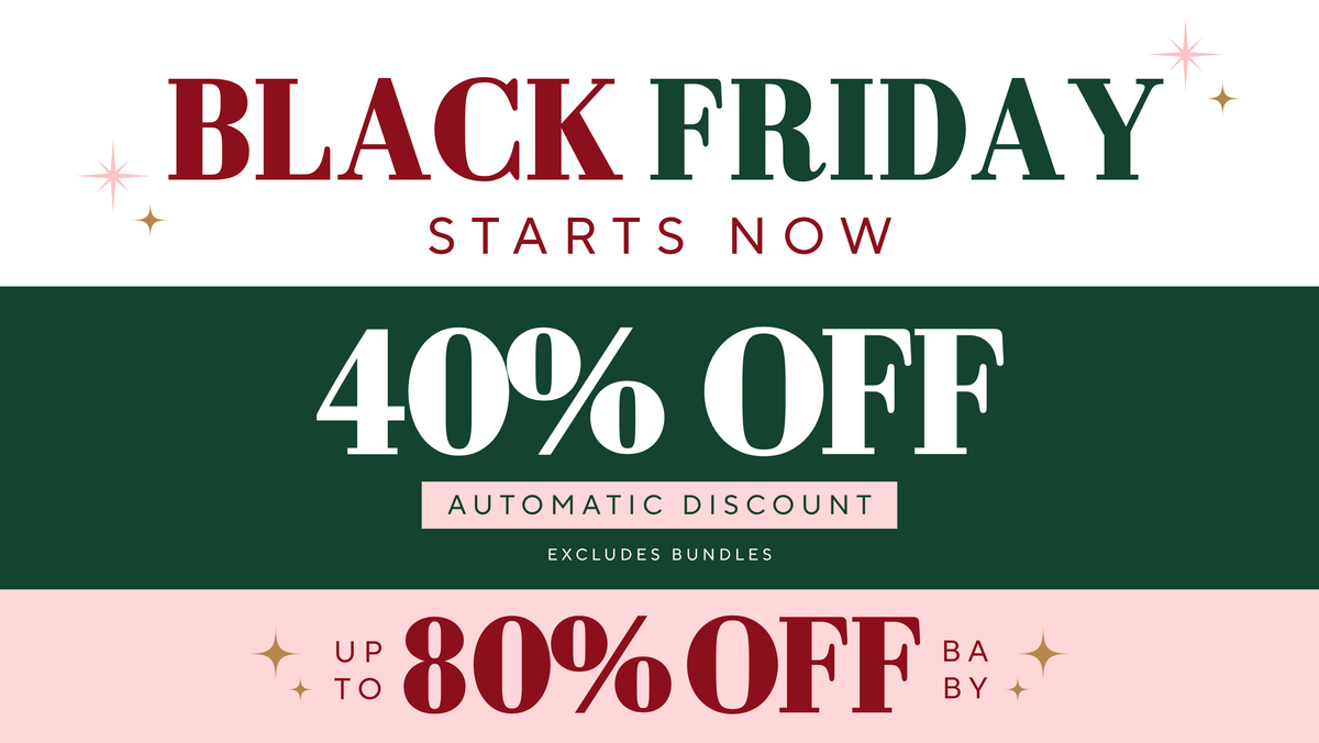 Promotional sale graphic reading 'BLACK FRIDAY STARTS NOW', '40% OFF', and 'UP TO 80% OFF BY ABY' with decorative stars on a white, dark green, and pale pink background.