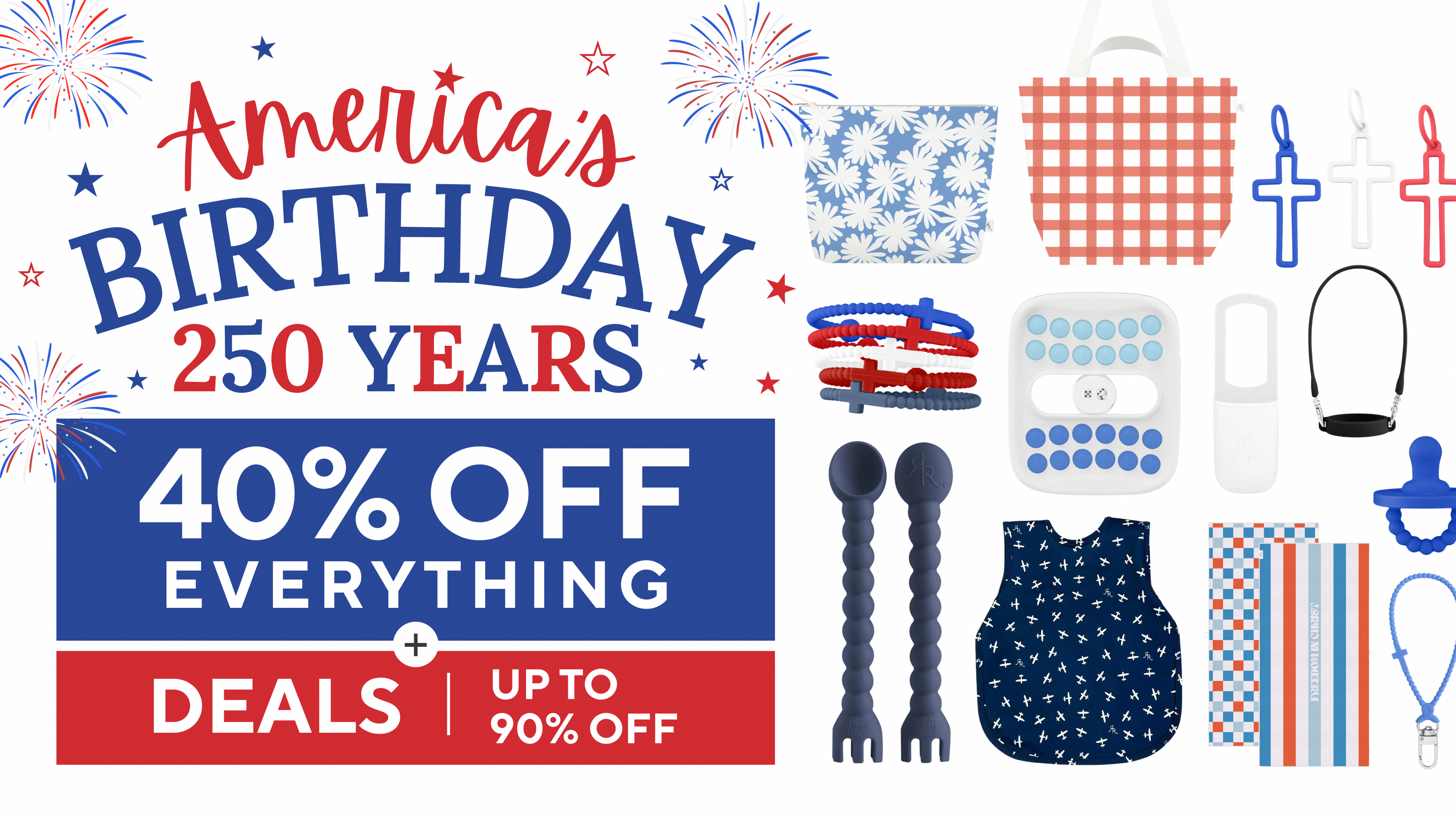 Promotional graphic celebrating America's Birthday with product deals and festive elements.