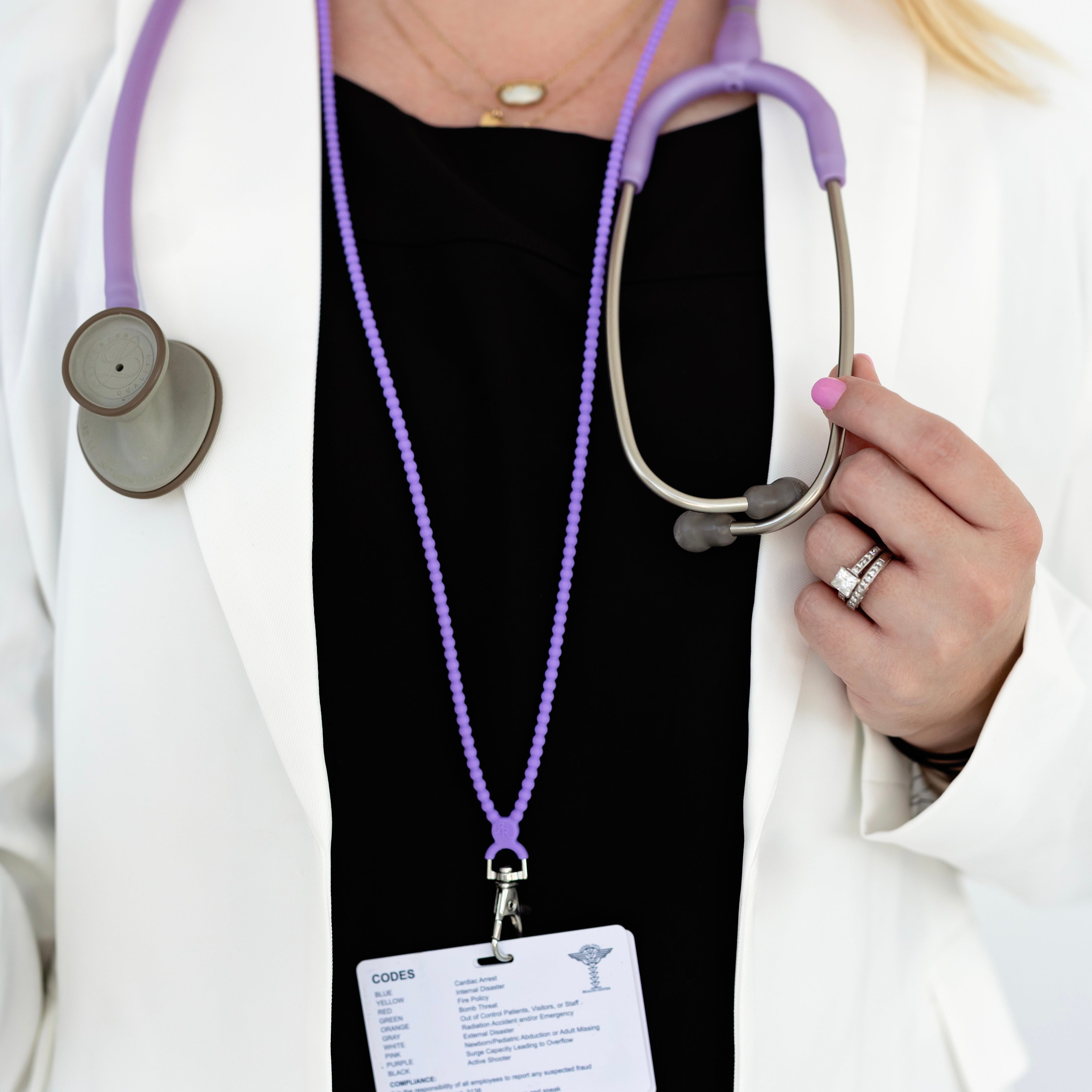 Woman wearing a lanyard