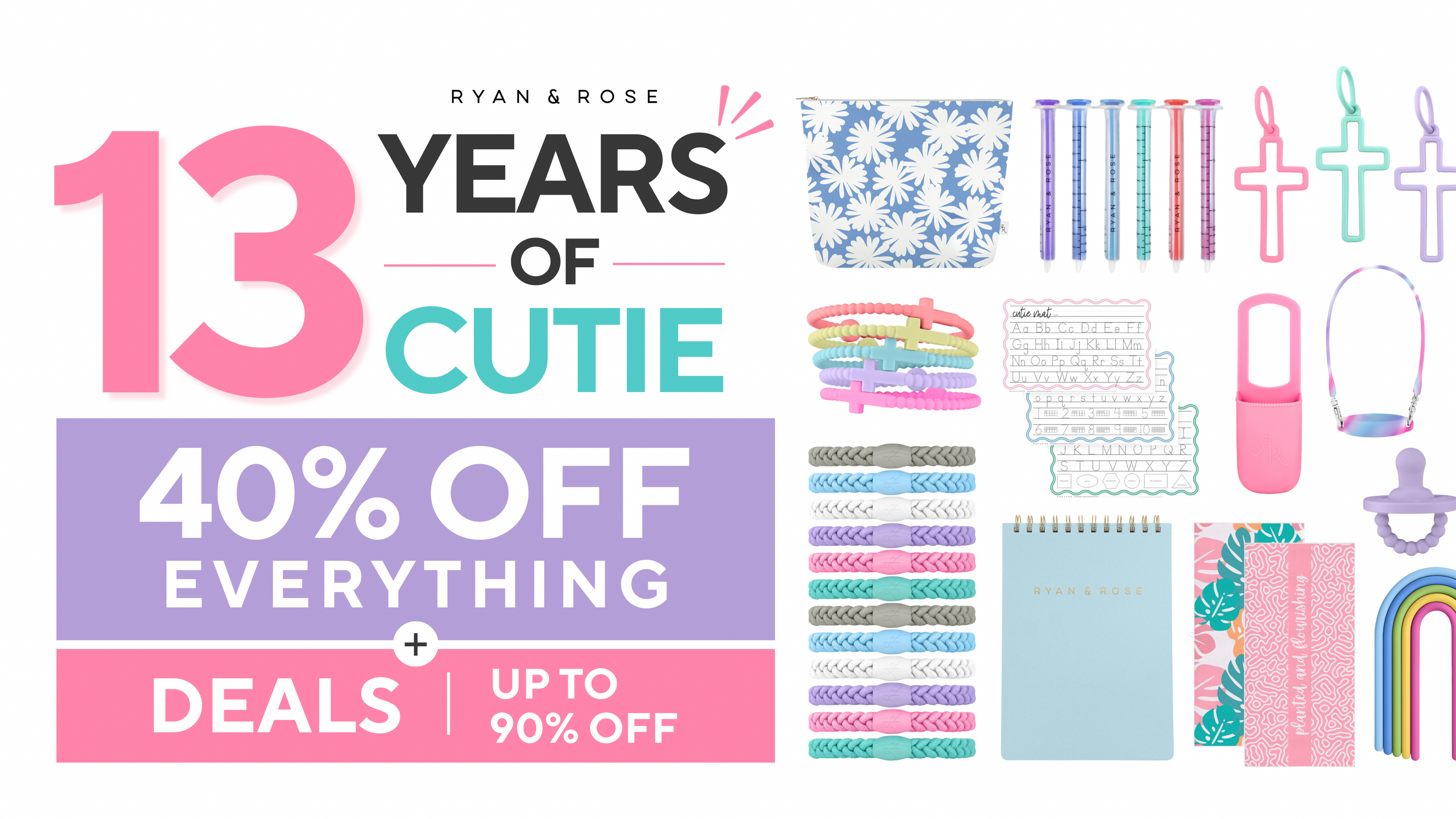 Promotional banner for '13 Years of Cutie' with stationery items and discount text.