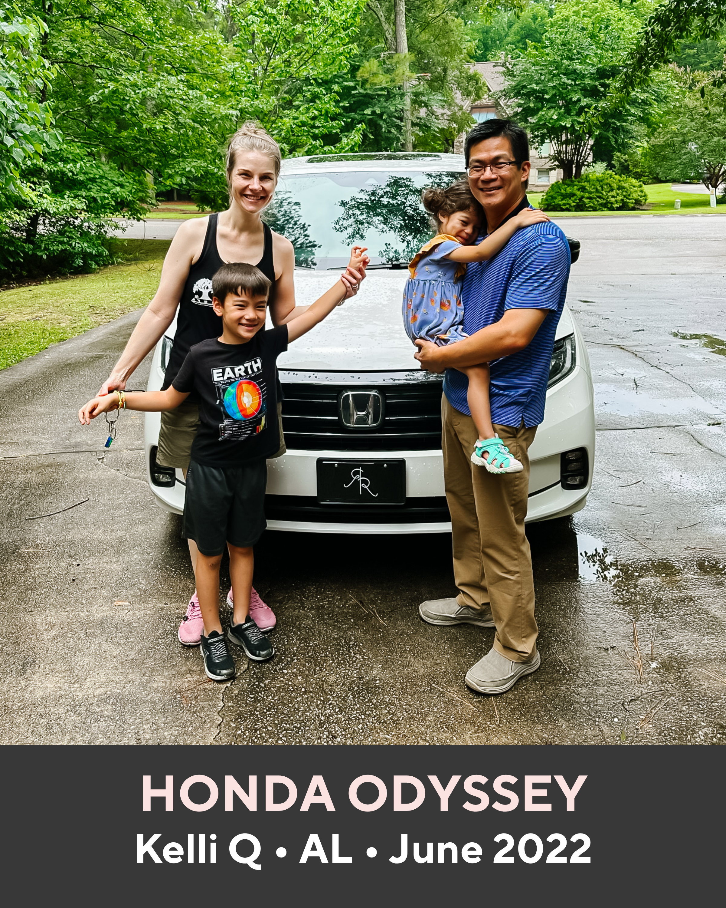 Family of four in front of a Honda Odyssey with a residential street background