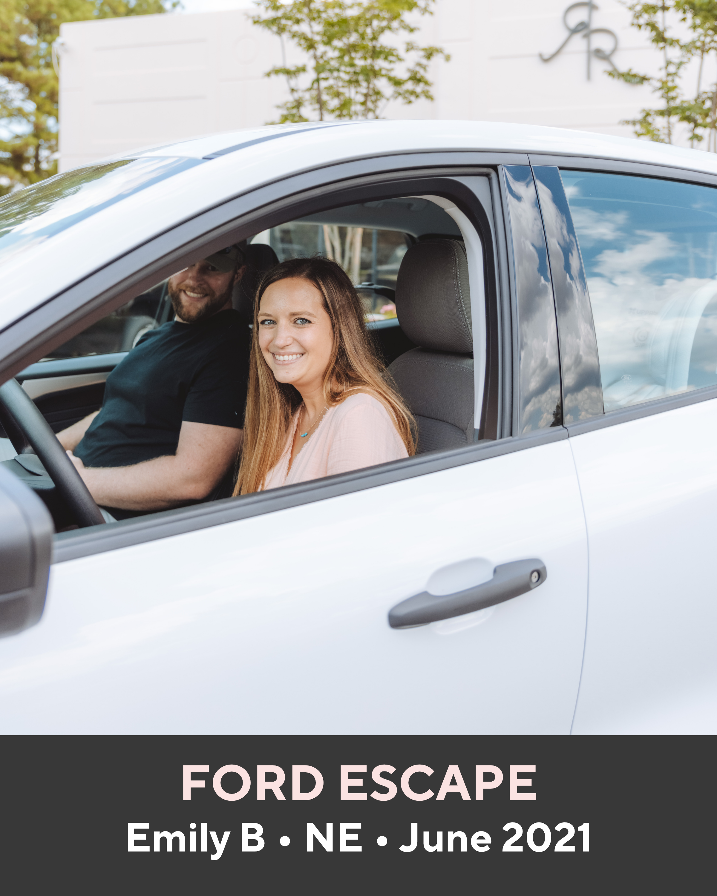 Two people in a white Ford Escape with text indicating a name, location, and date.