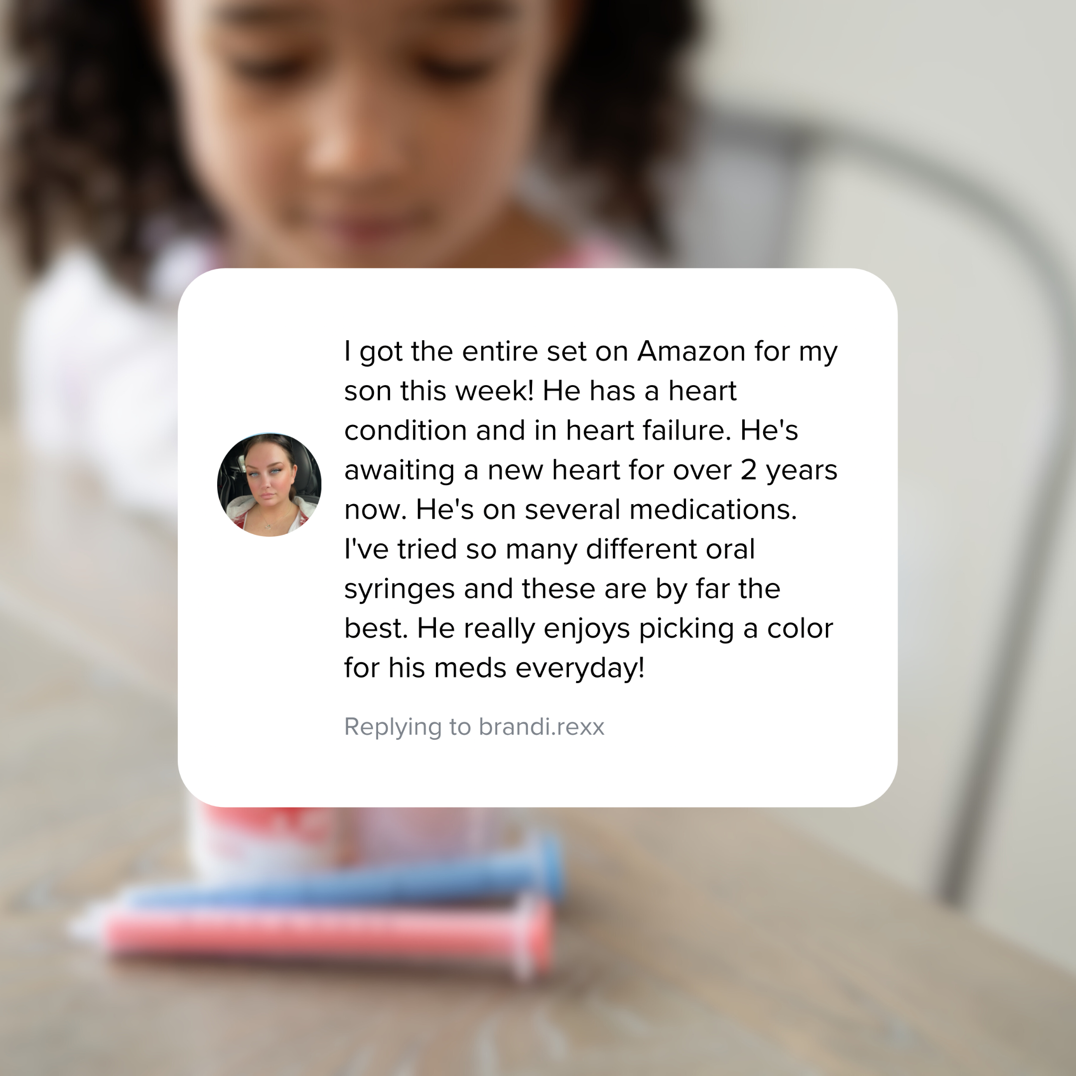 Child with a text overlay about a product for a child with a heart condition.