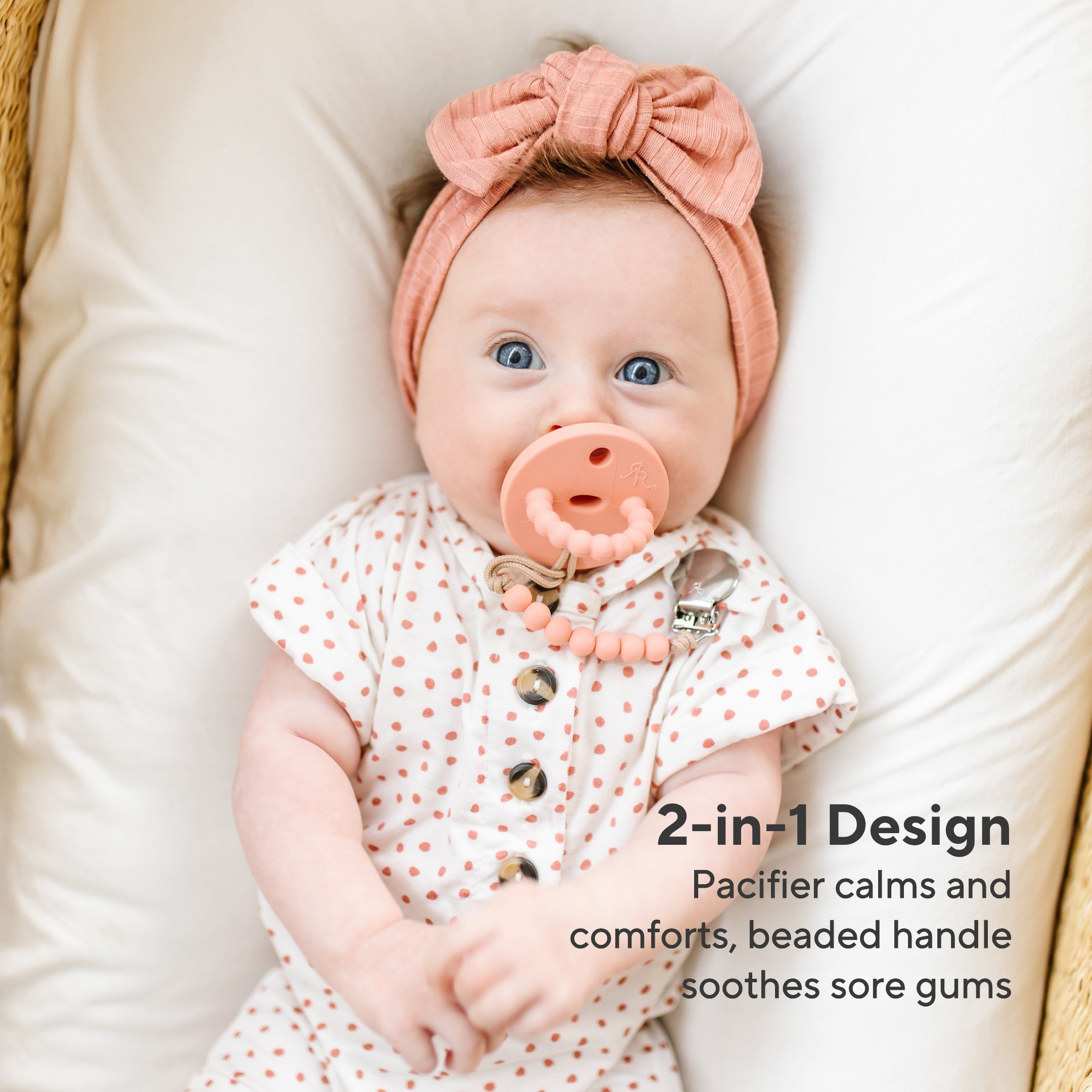 Baby wearing a pink pacifier and headband with text about product features.