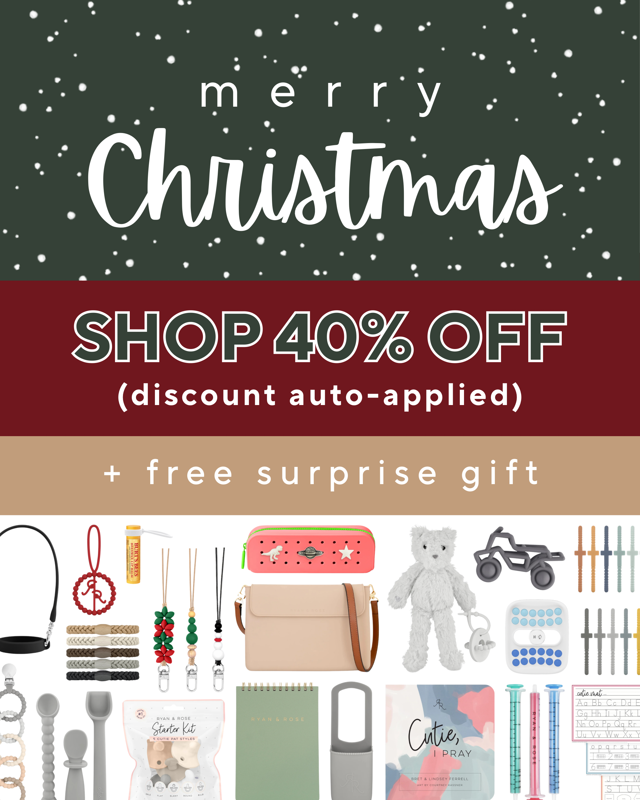 Promotional Christmas advertisement with product images and discount offer.