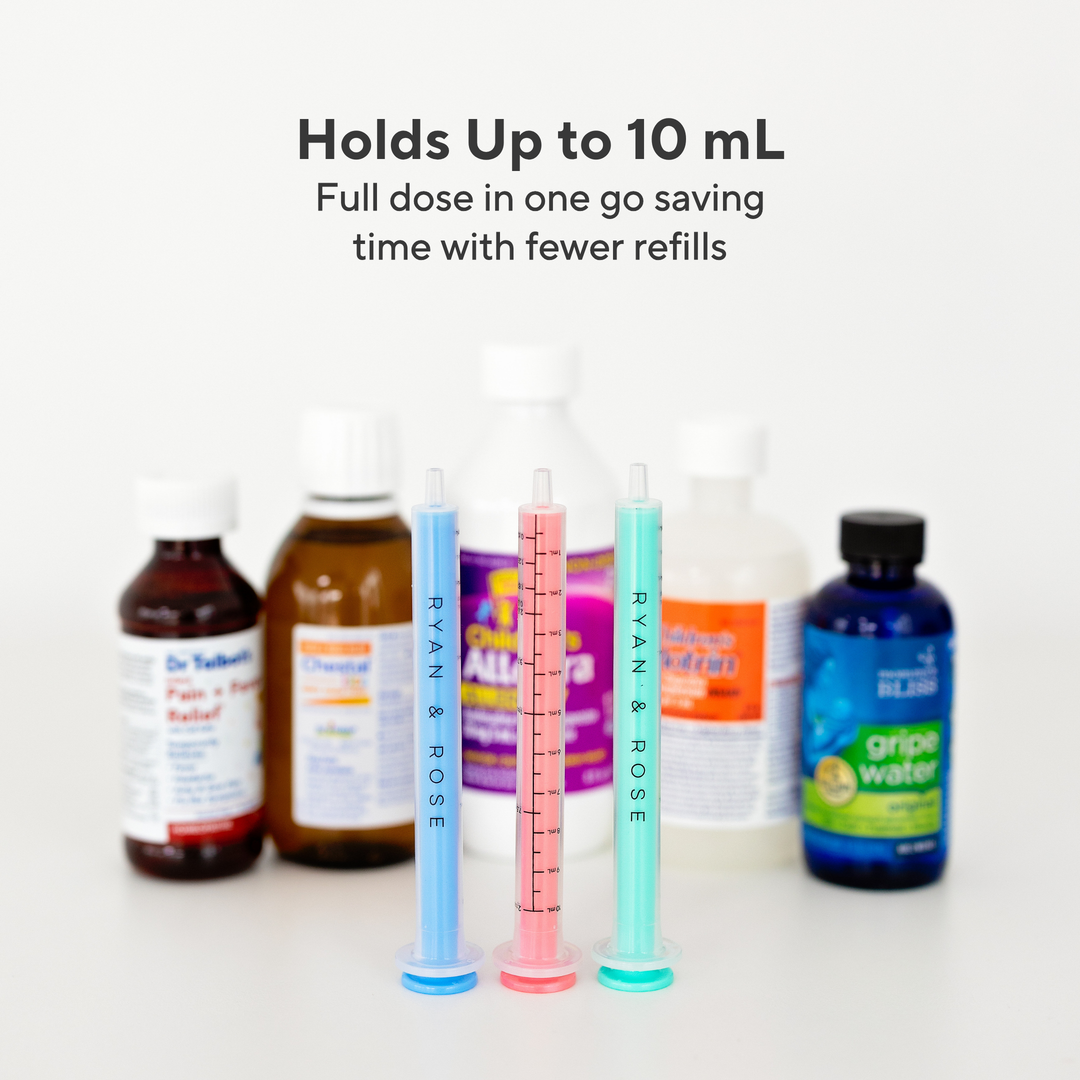Medication bottles and syringes with text highlighting capacity and refill savings.