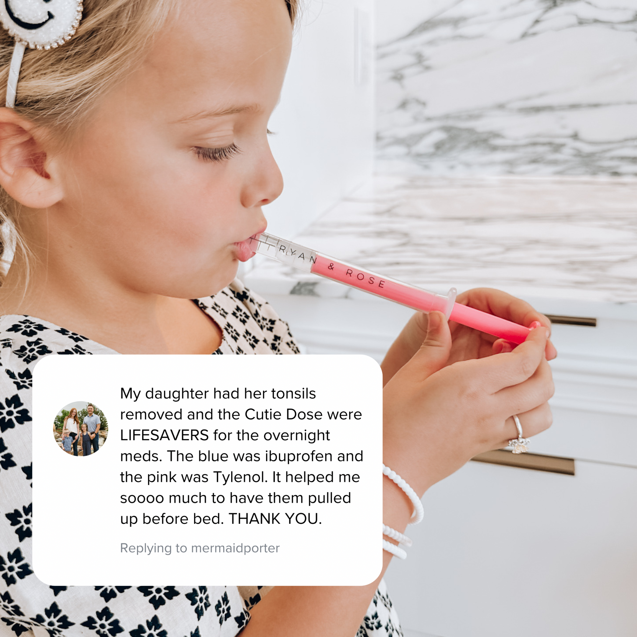 Child holding a pink and white syringe with a testimonial overlay.