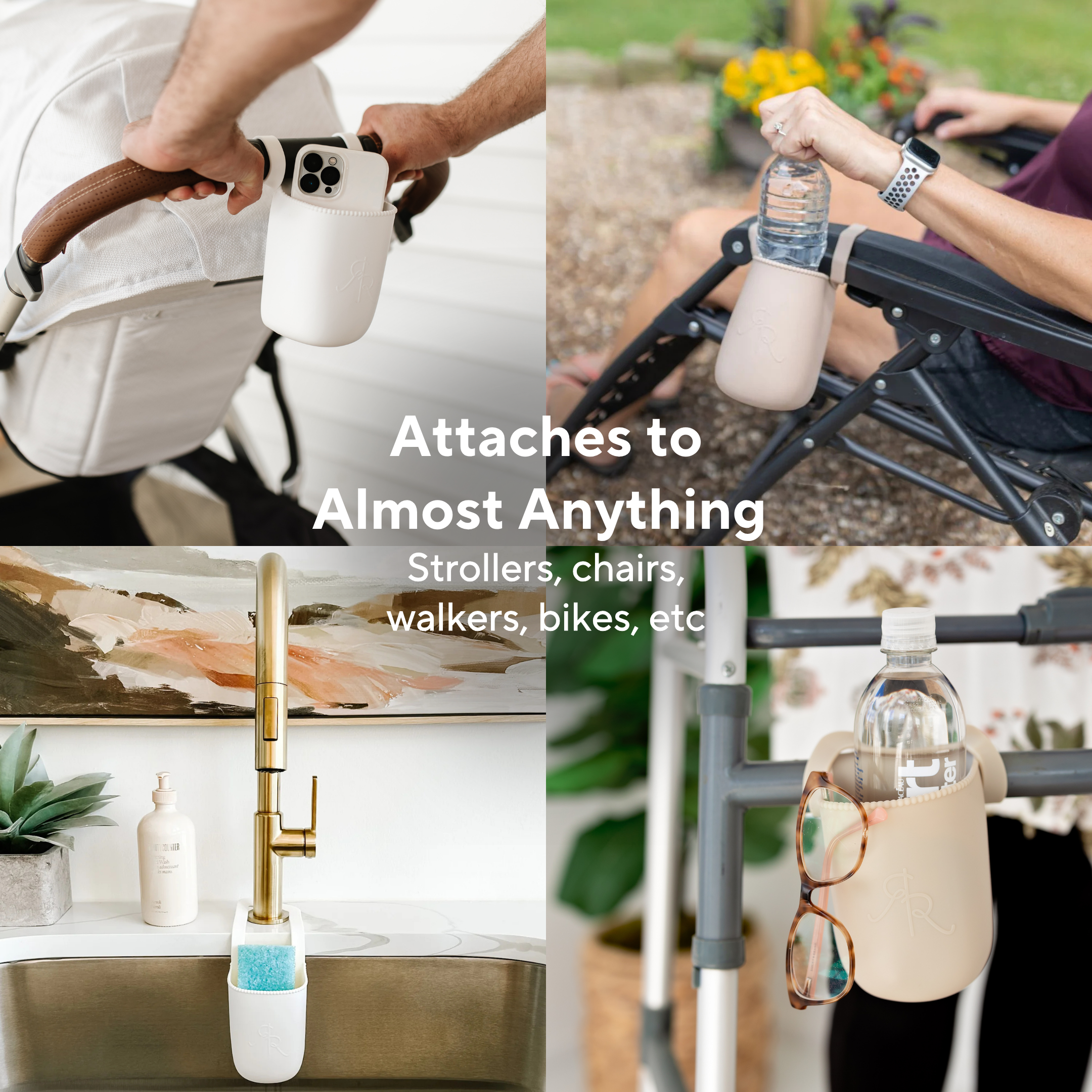 Collage of a product being used on various surfaces with text &