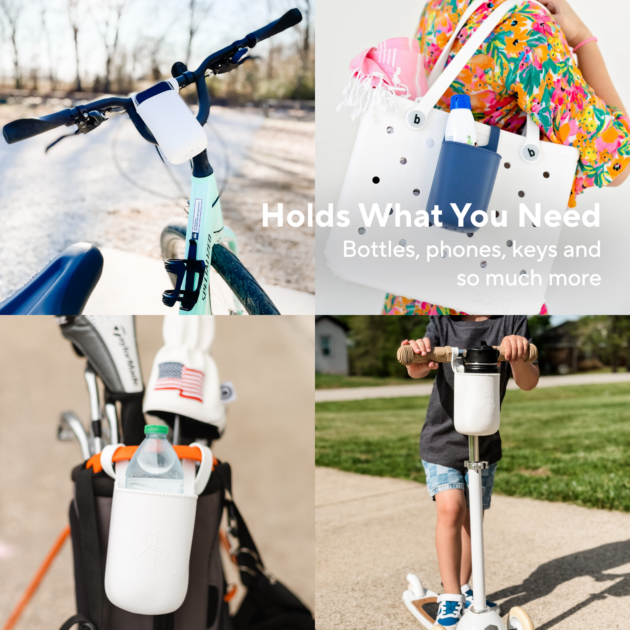 Collage of a bike, scooter, and bag with a holder for bottles, phones, and keys.