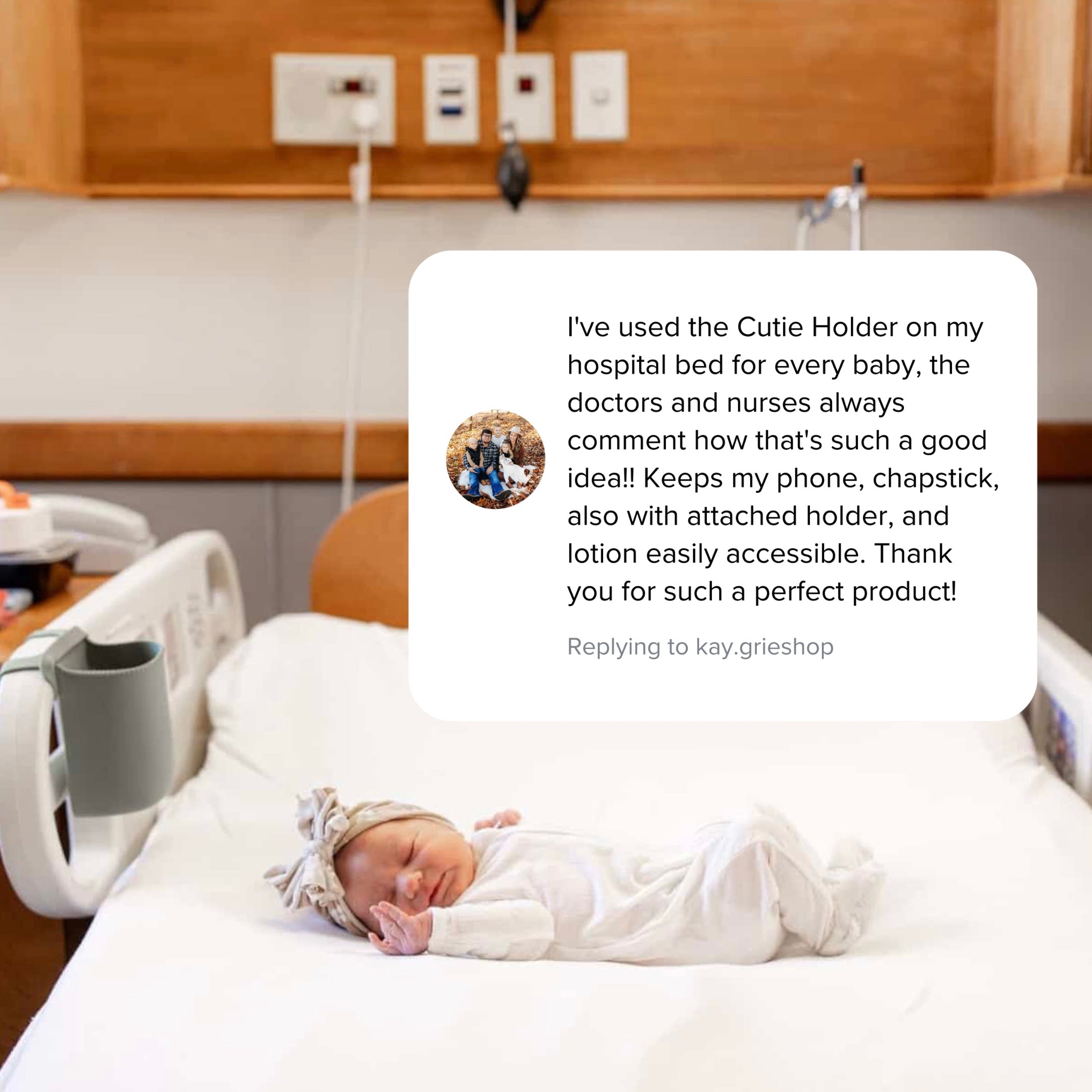 Newborn baby in a hospital bed with a text overlay about the Cutie Holder product.