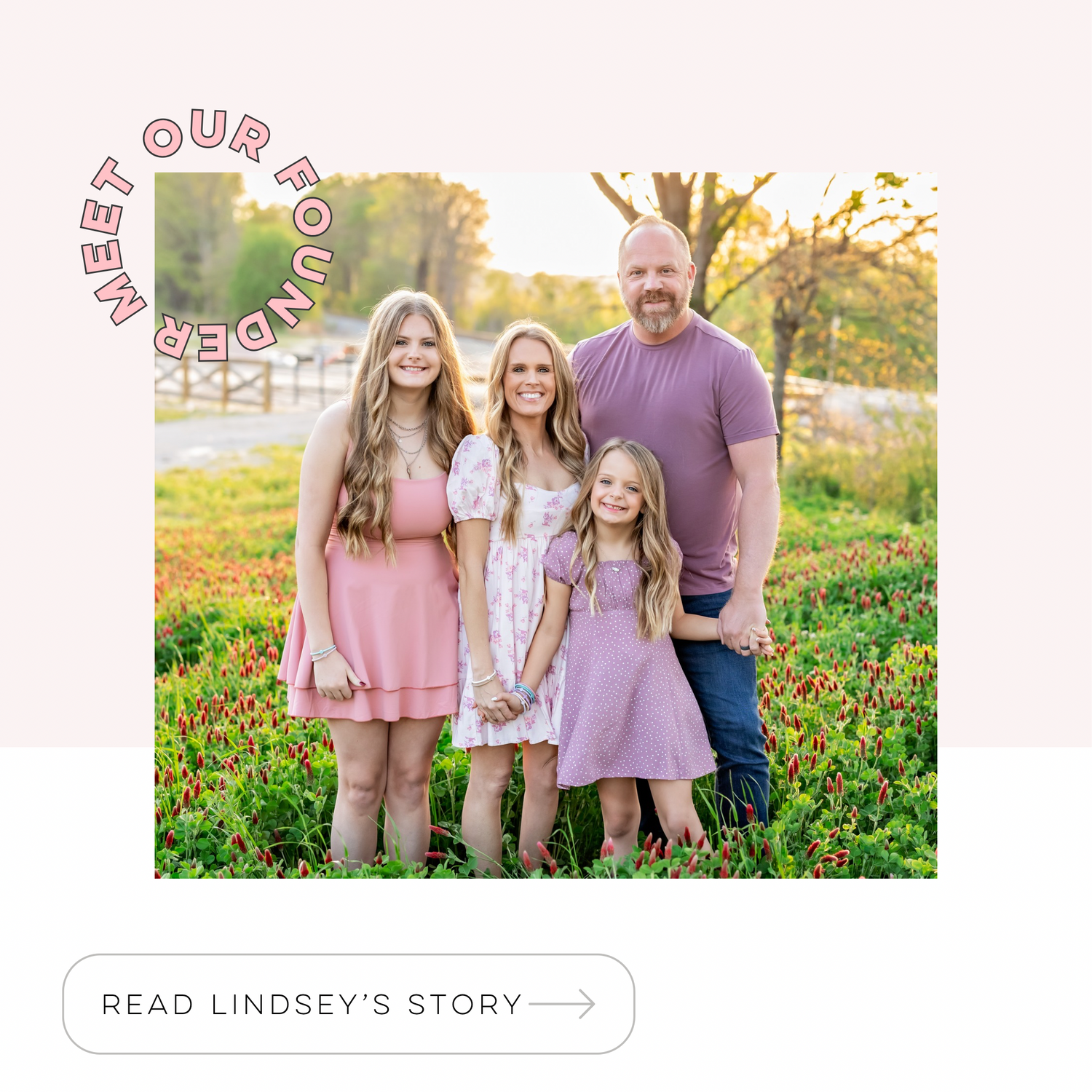 Family of four standing in a field with text overlay about meeting the founders and reading a story.