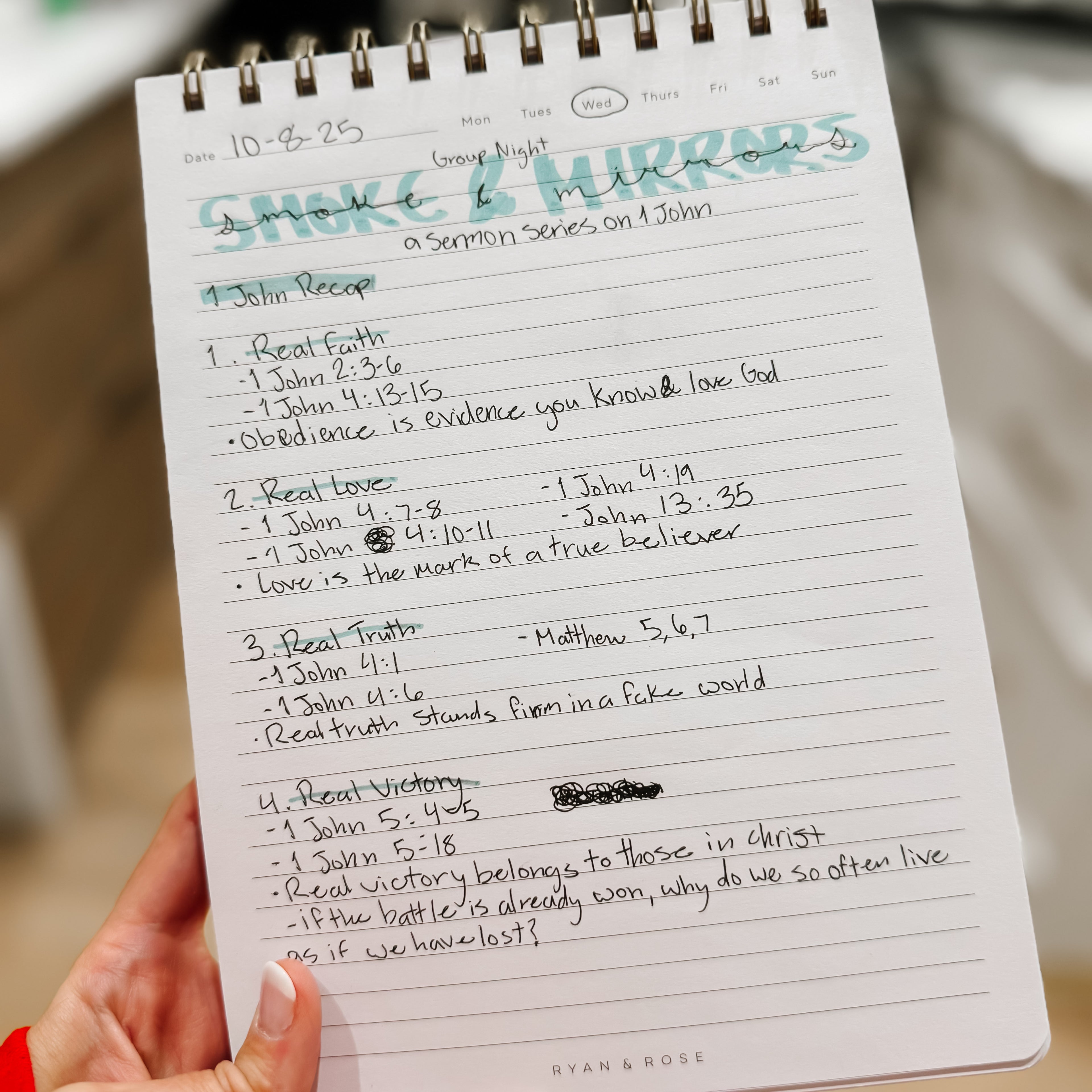 Notebook with handwritten notes on a sermon series titled &