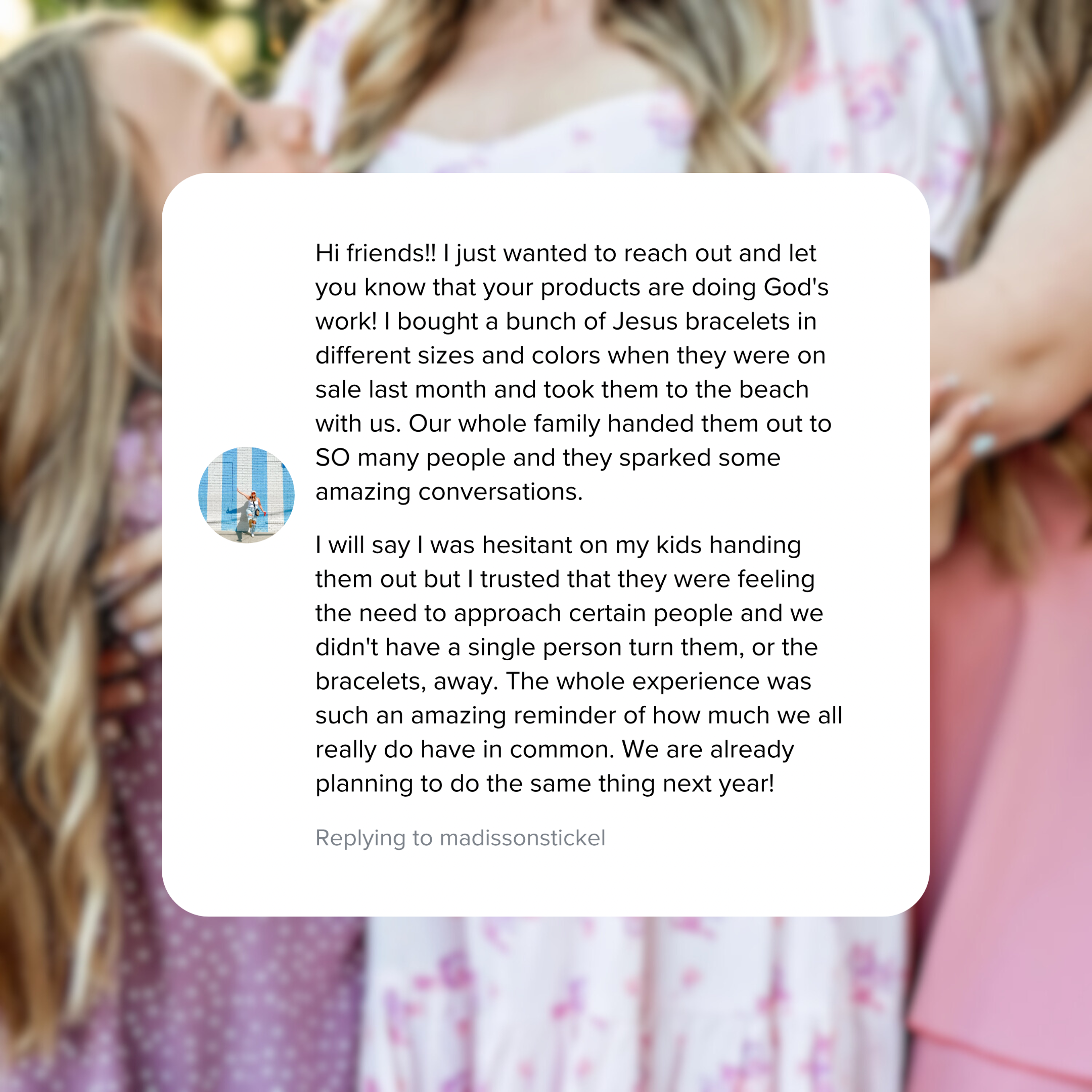 Text message from a customer praising product distribution and impact on conversations.