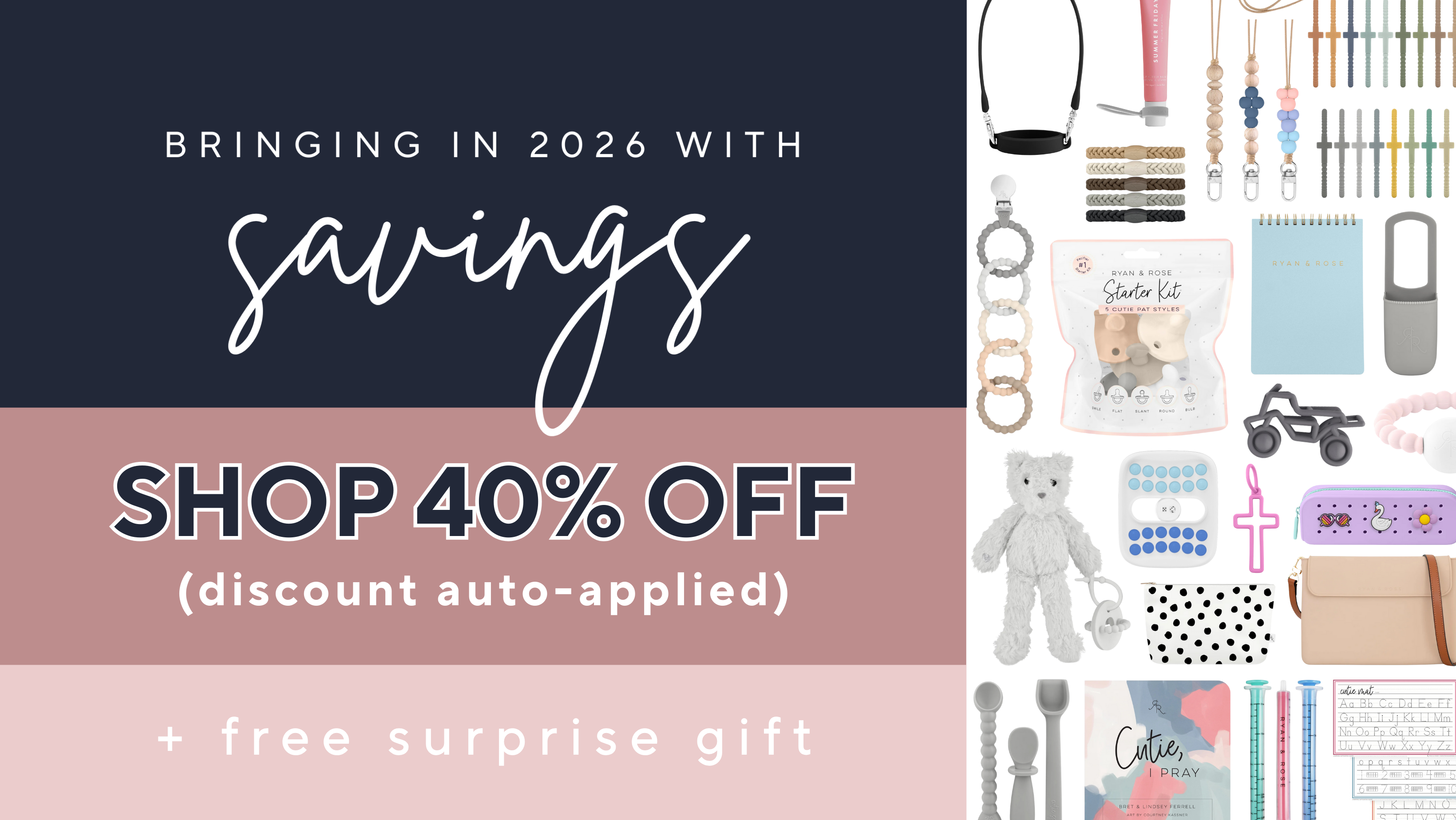 Promotional banner with discount offer and stationery items on a dark blue and pink background.