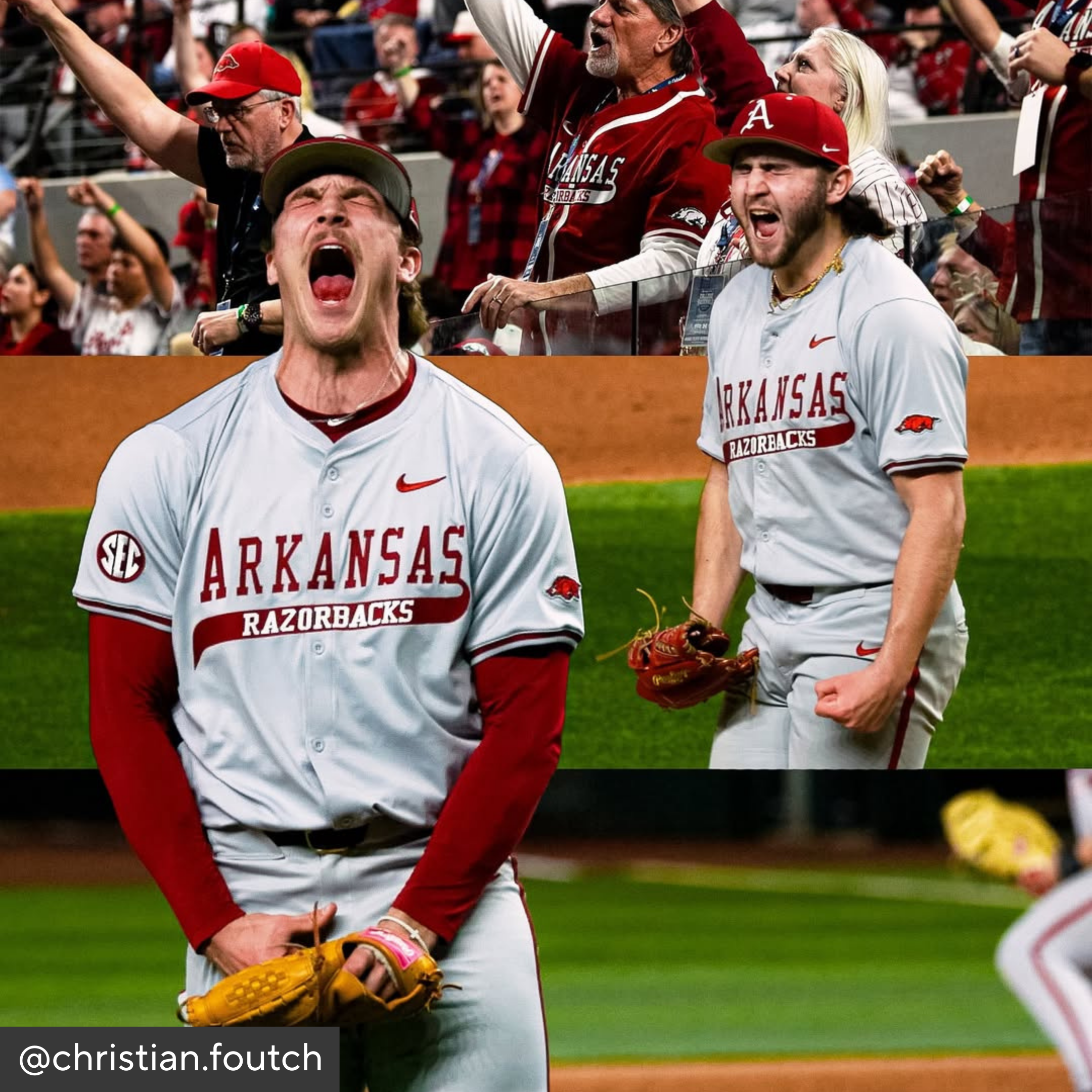 Two baseball players in Arkansas Razorbacks uniforms on a sports field with fans in the background.