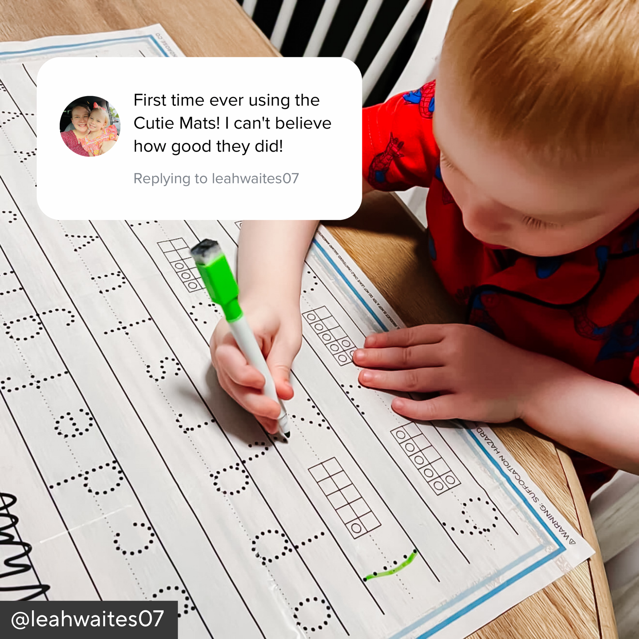 Child using a green marker on a worksheet with text overlay about using &