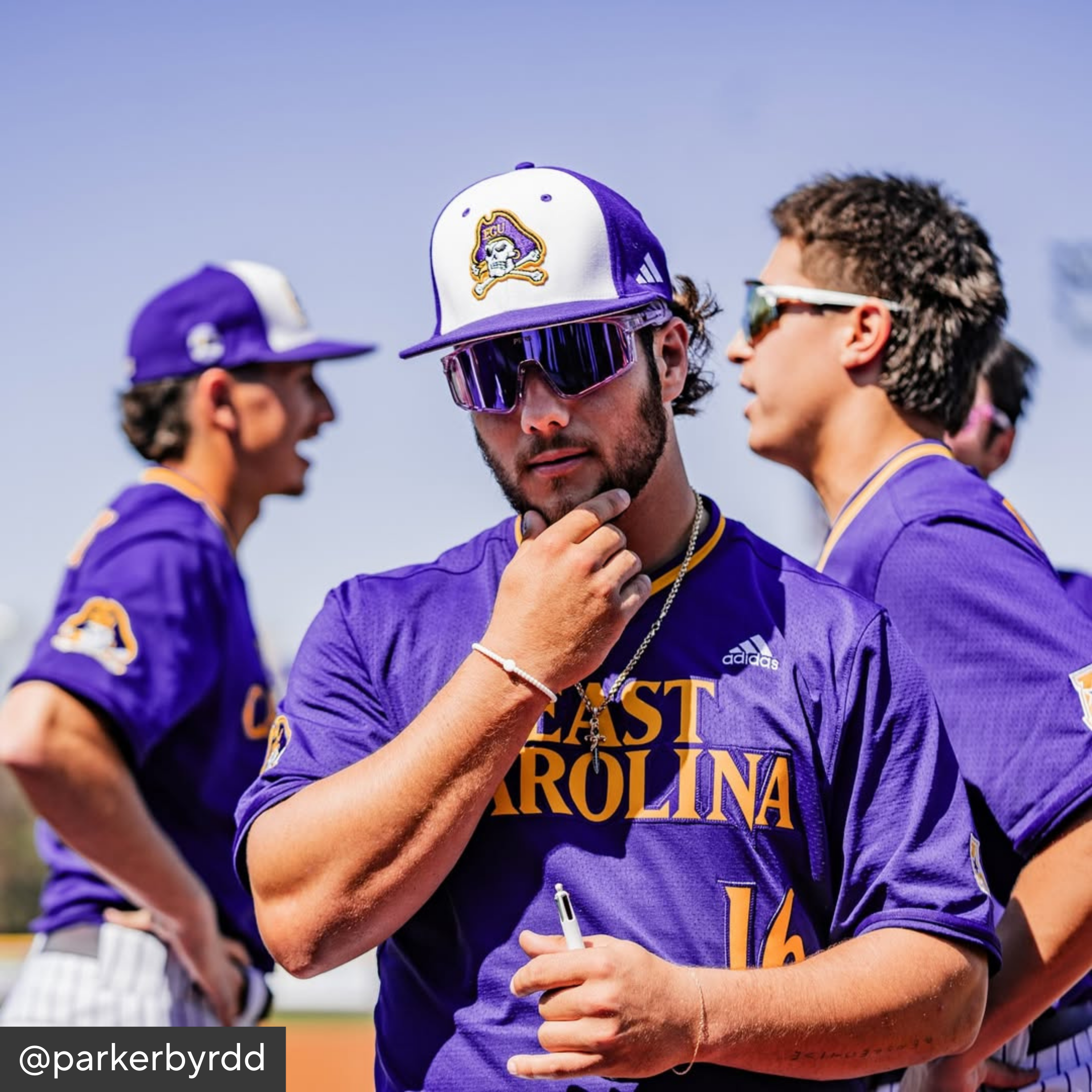 Baseball player in East Carolina uniform with sunglasses and cap, surrounded by teammates on a field.