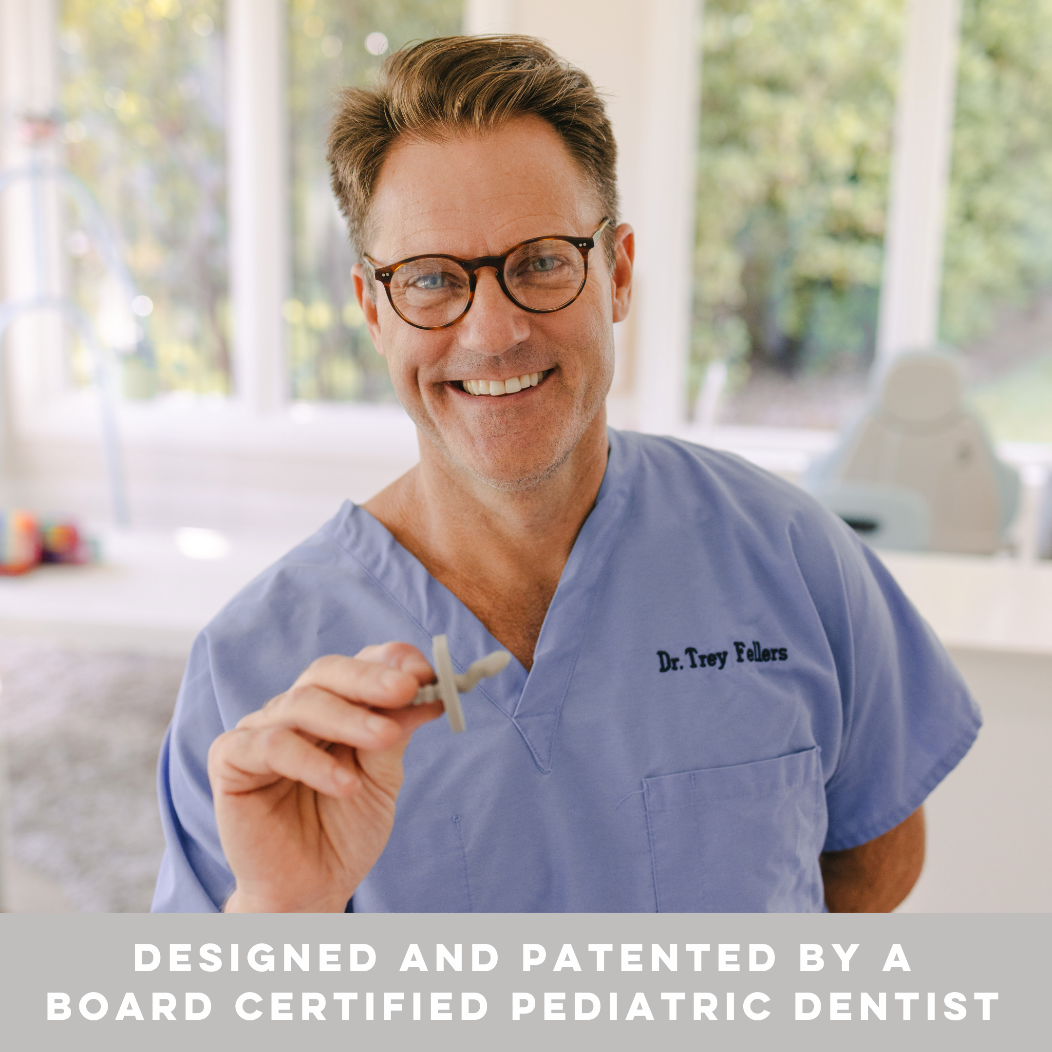 Man in a blue medical coat holding dental tools with text about a board certified pediatric dentist.