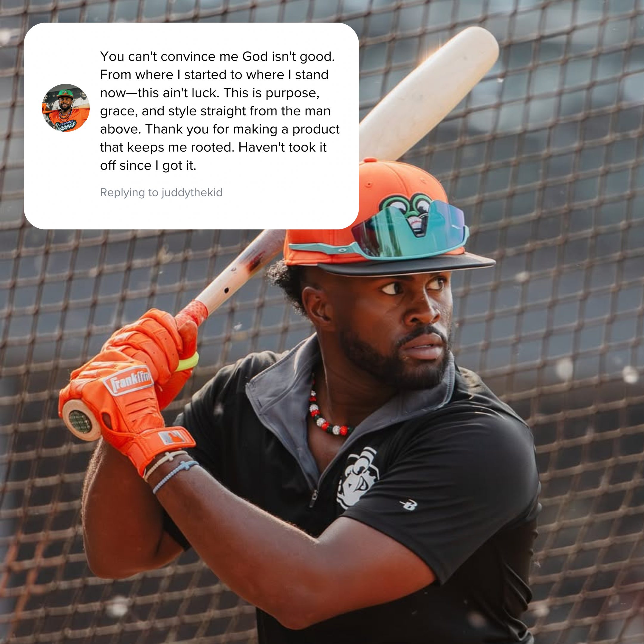 Person holding a baseball bat with a text overlay on a blurred background