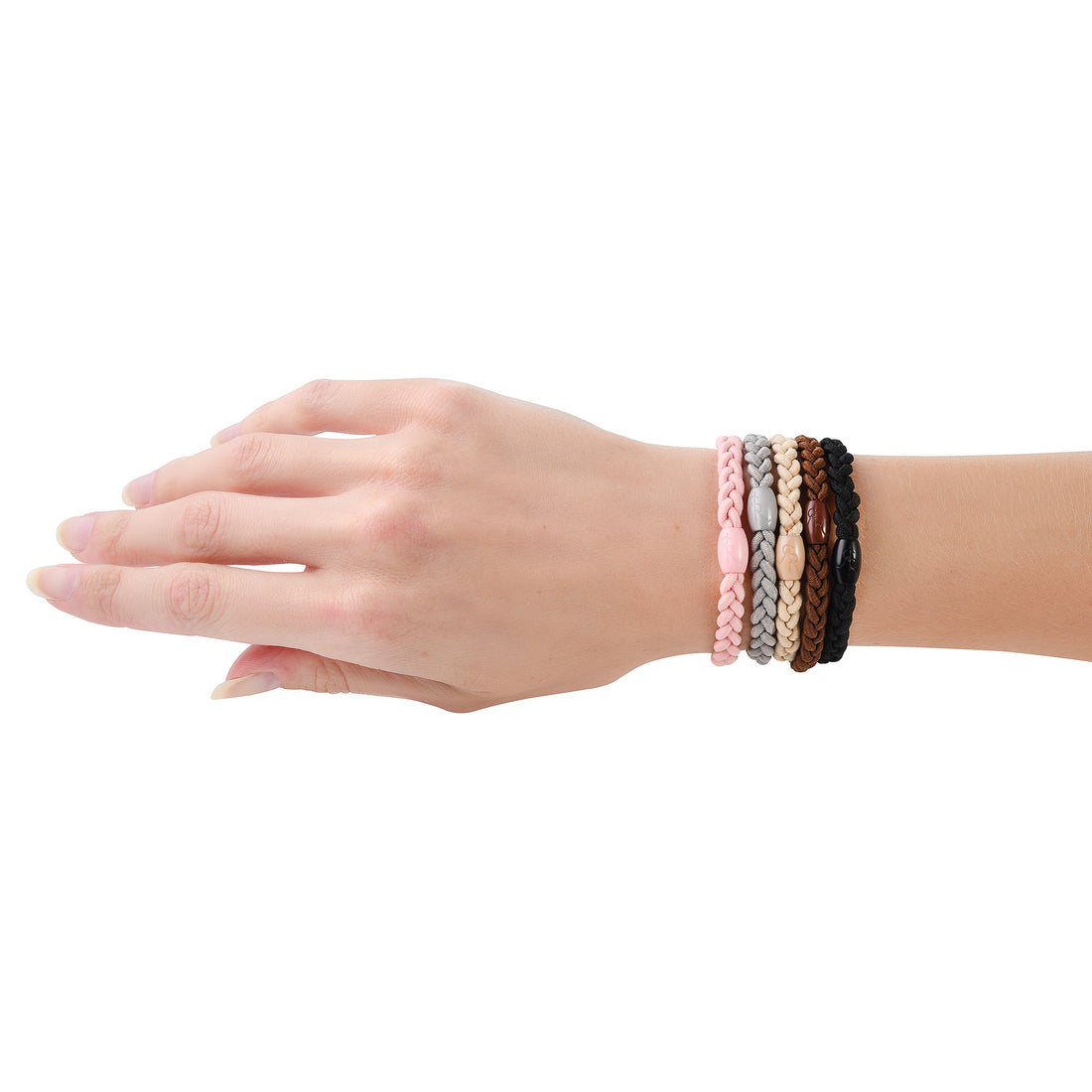 Hand modeling the Core Multi pack (5 cutie bands in pink, blonde, grey, brown, black)