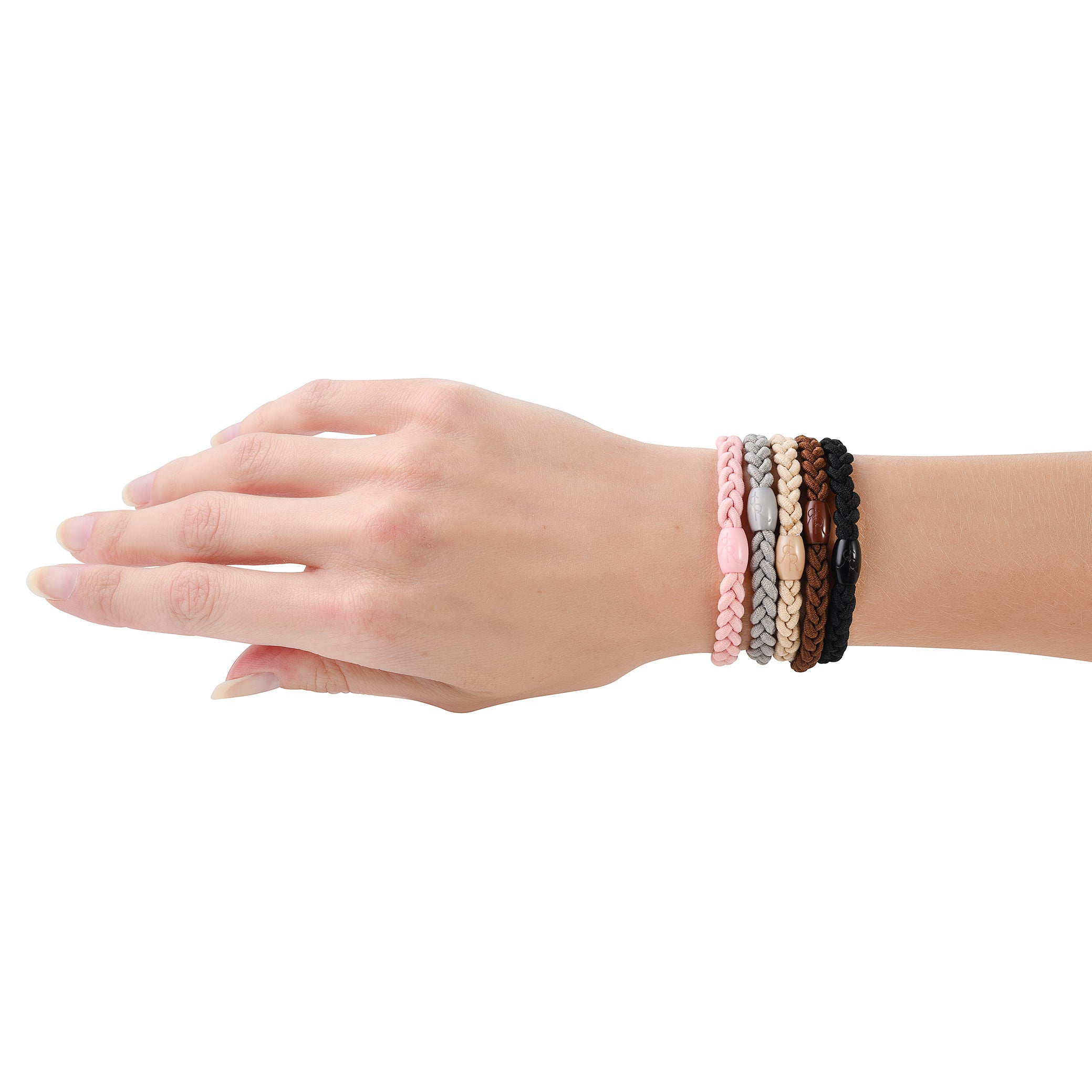 Hand modeling the Core Multi pack (5 cutie bands in pink, blonde, grey, brown, black)