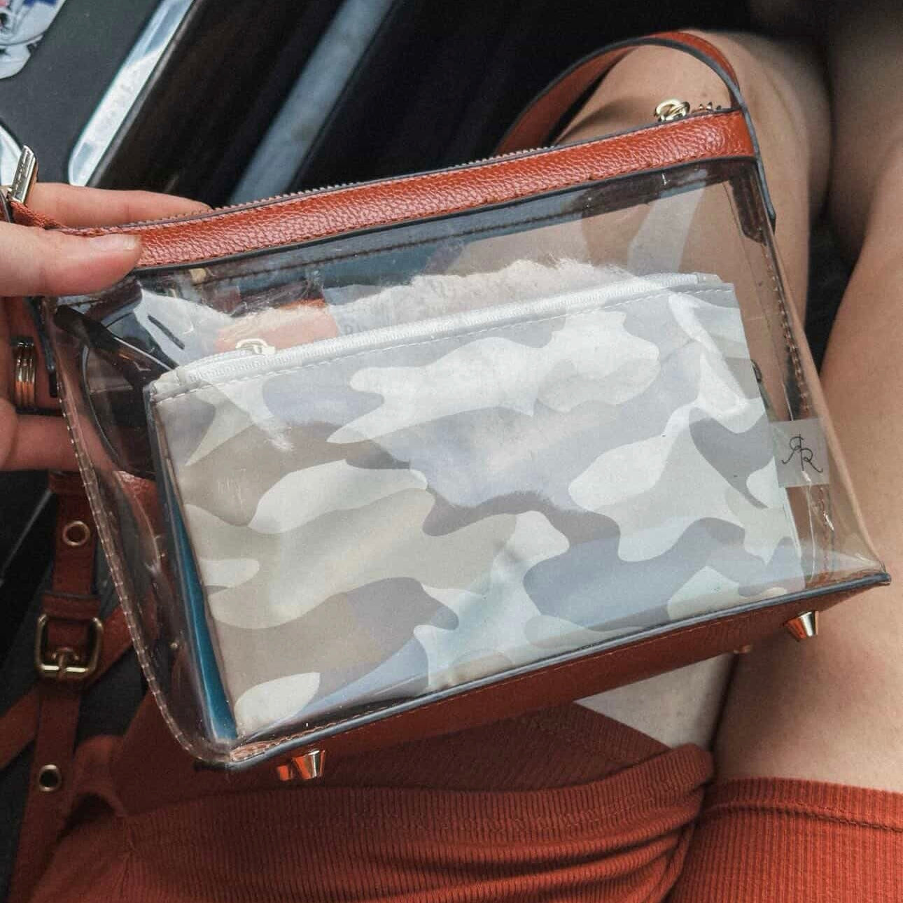 Clear pouch with camouflage pattern held by a person