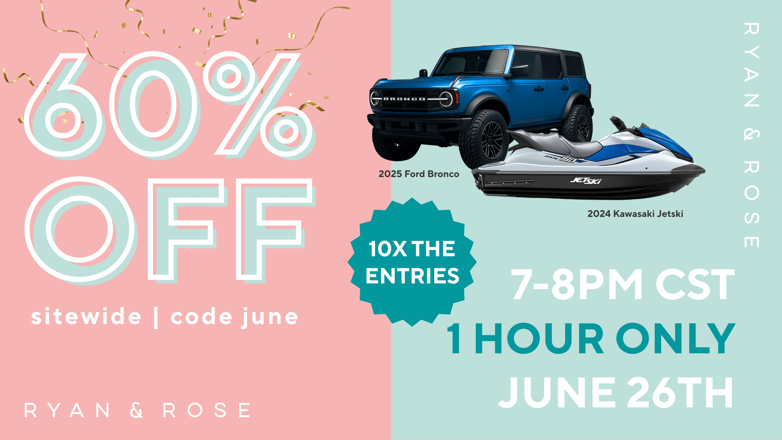 Promotional banner with Ford Bronco, Kawasaki Jet Ski, and text about a sale event.