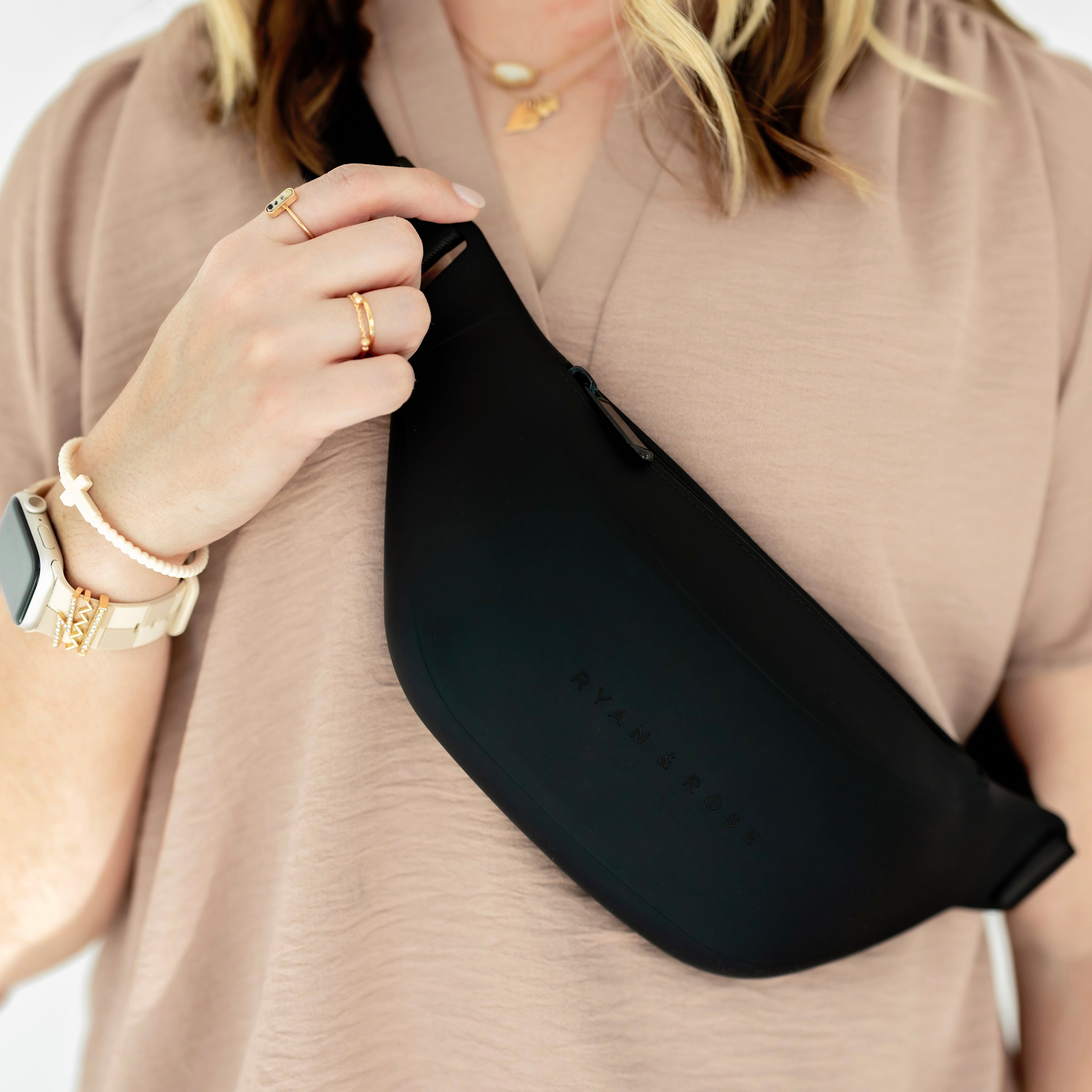 Woman wearing belt bag