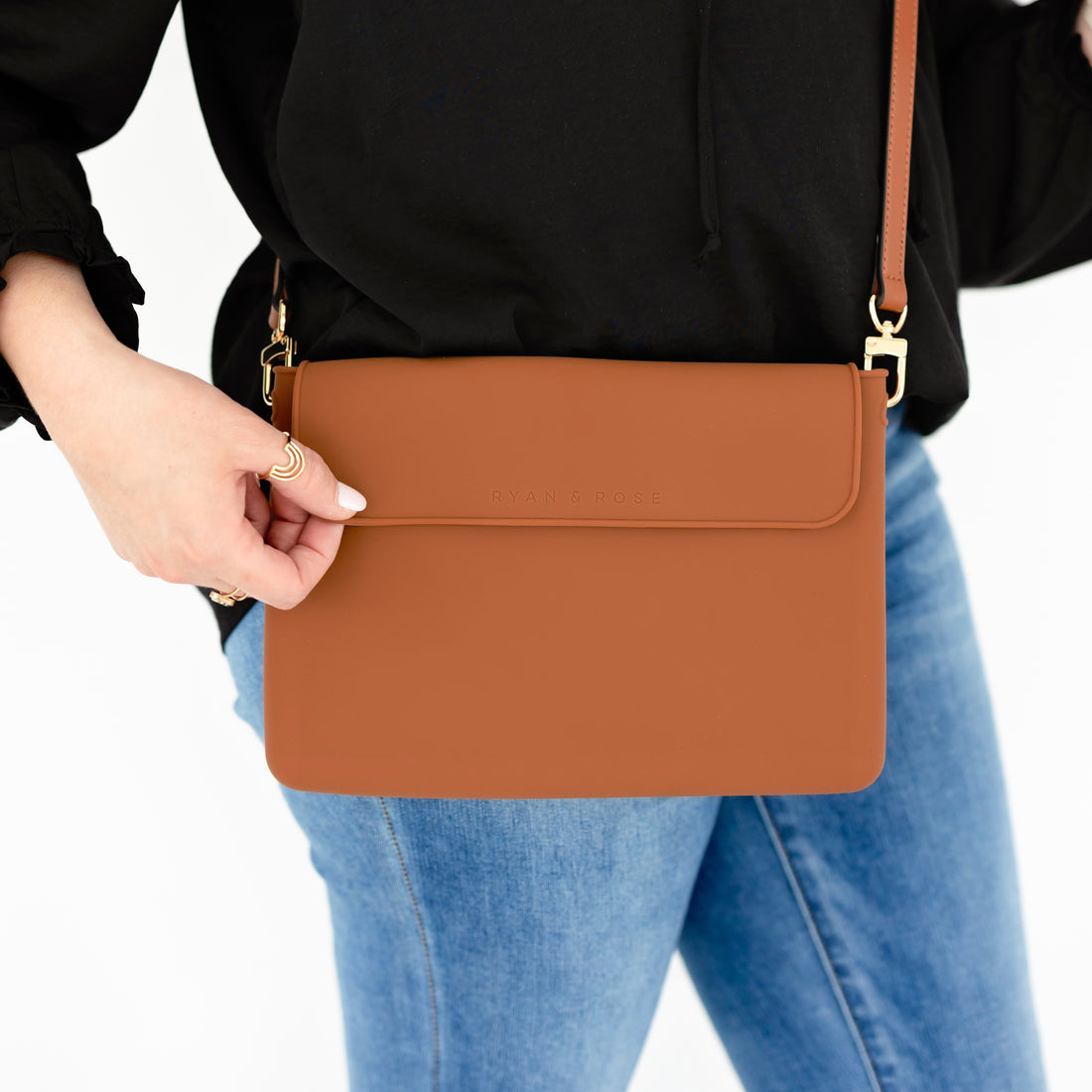 Woman wearing a silicone crossbody