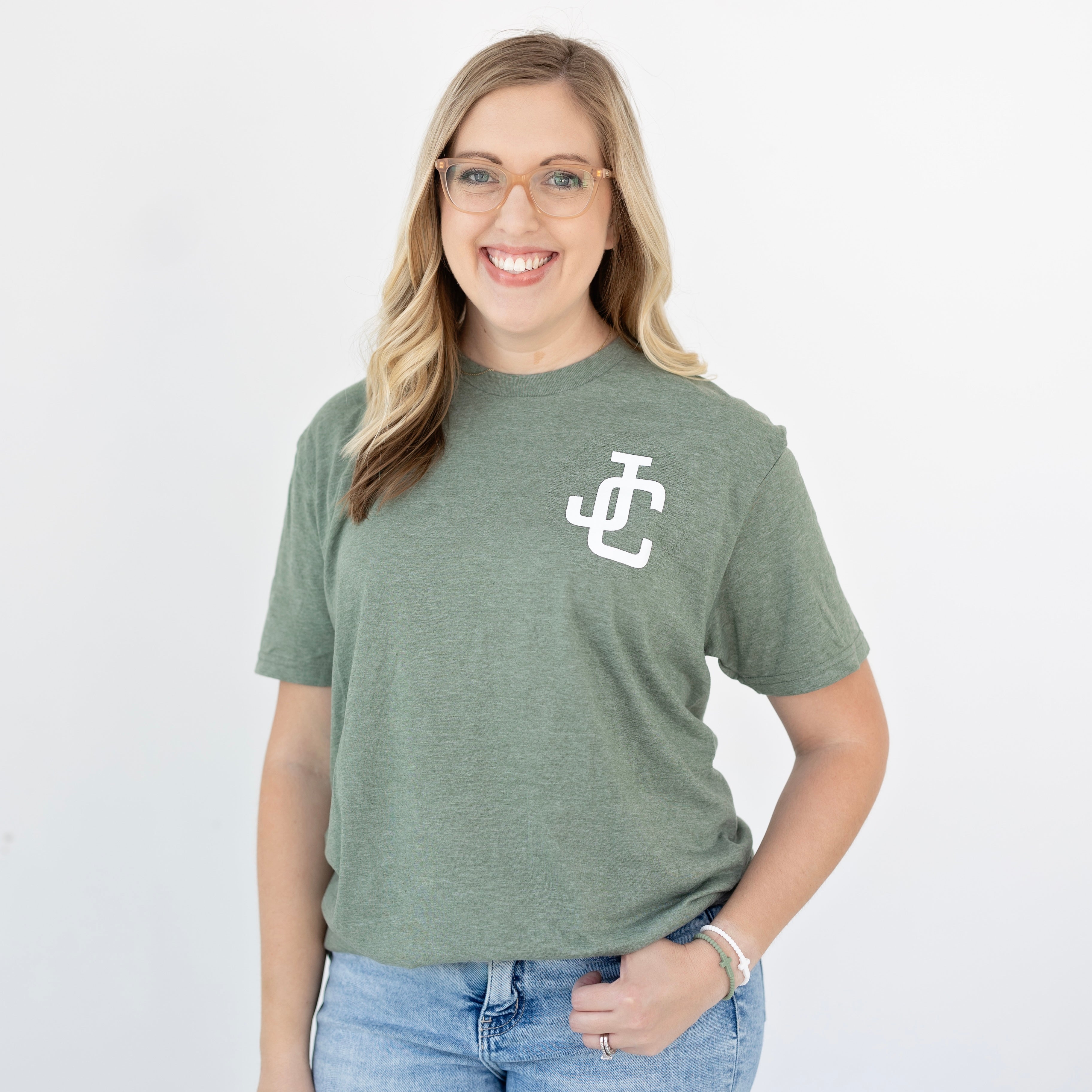 Woman modeling JC shirt