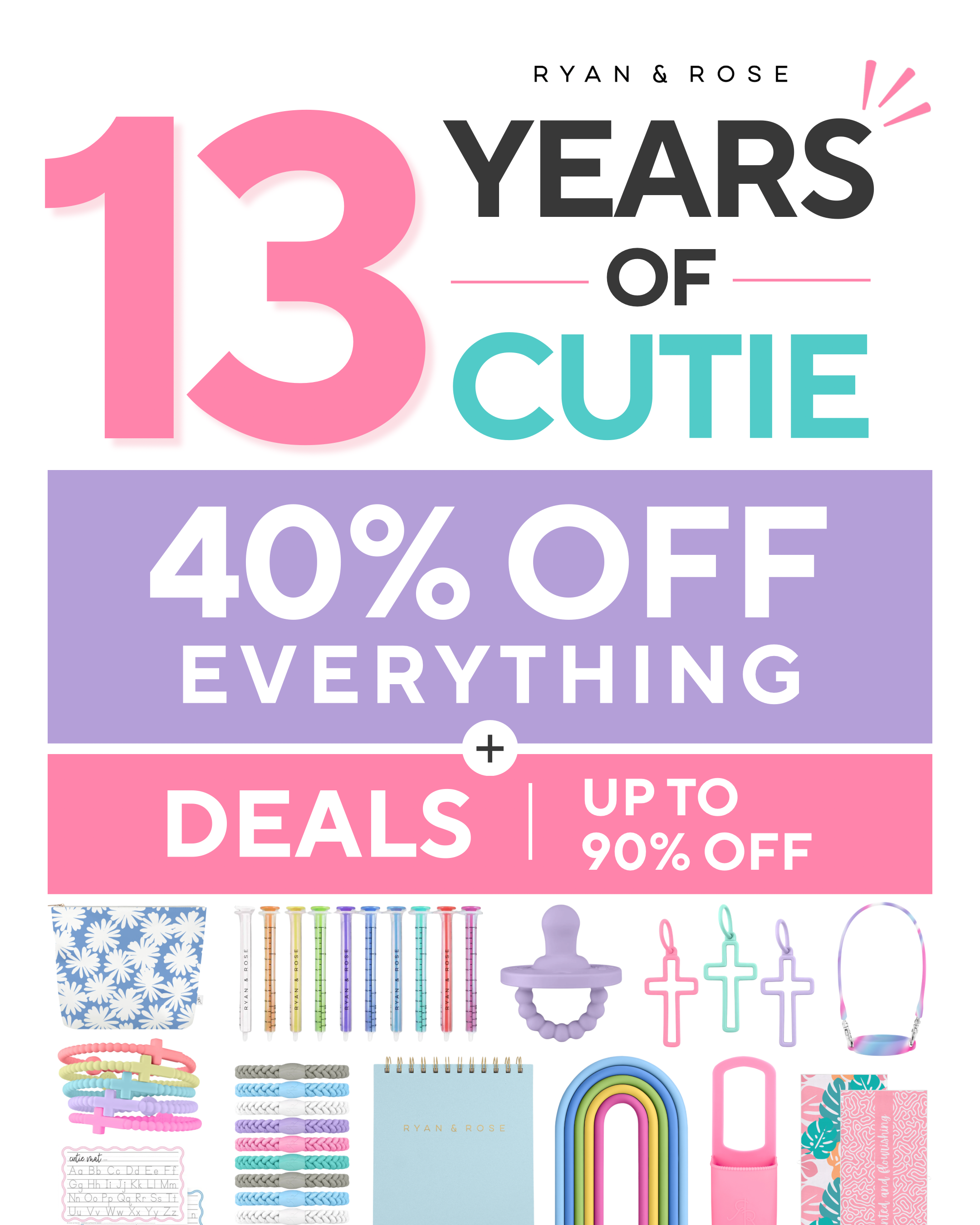 Promotional poster for '13 Years of Cutie' with discount information and product images.
