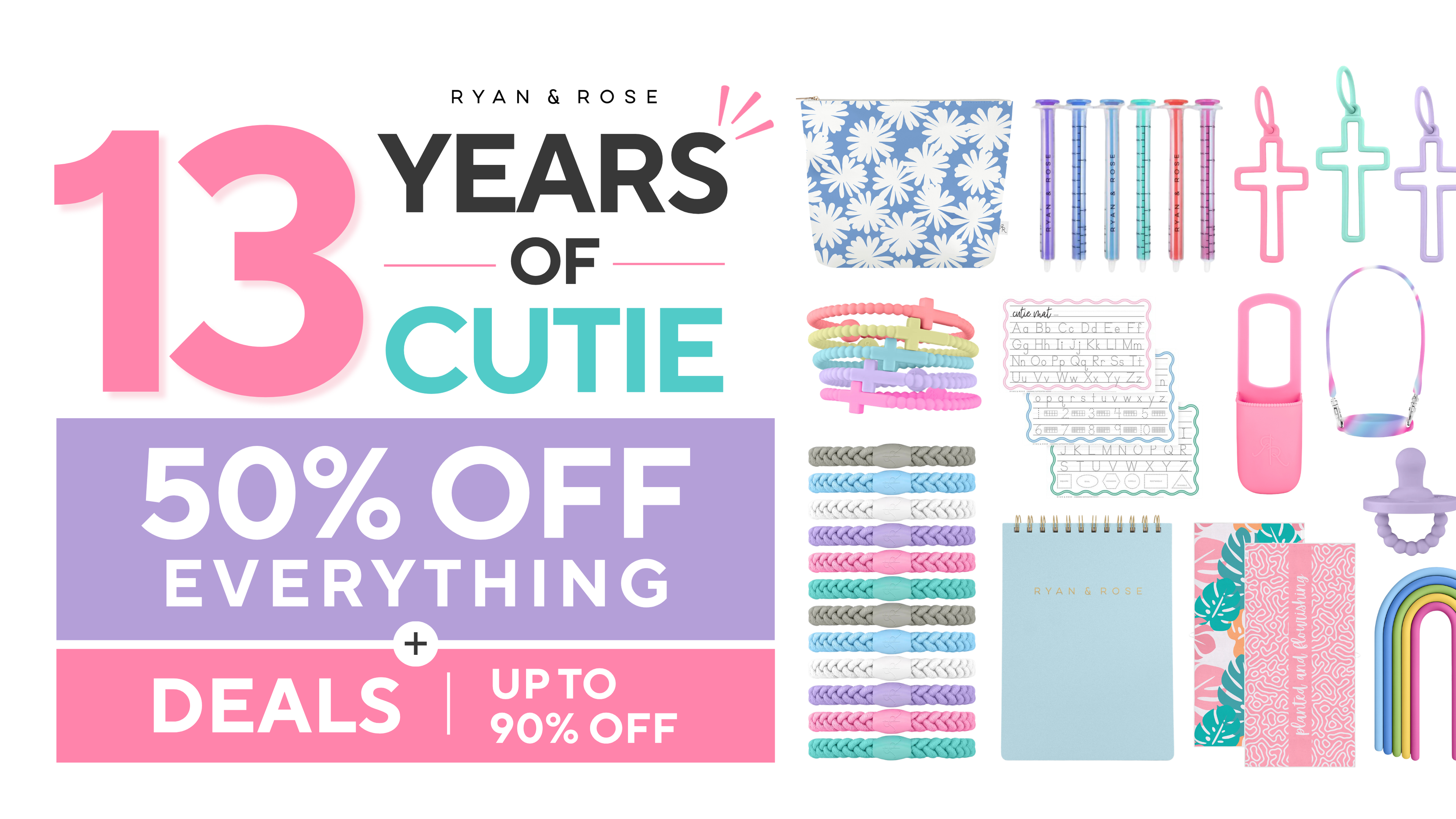 Promotional banner for '13 Years of Cutie' with stationery items and discount text.