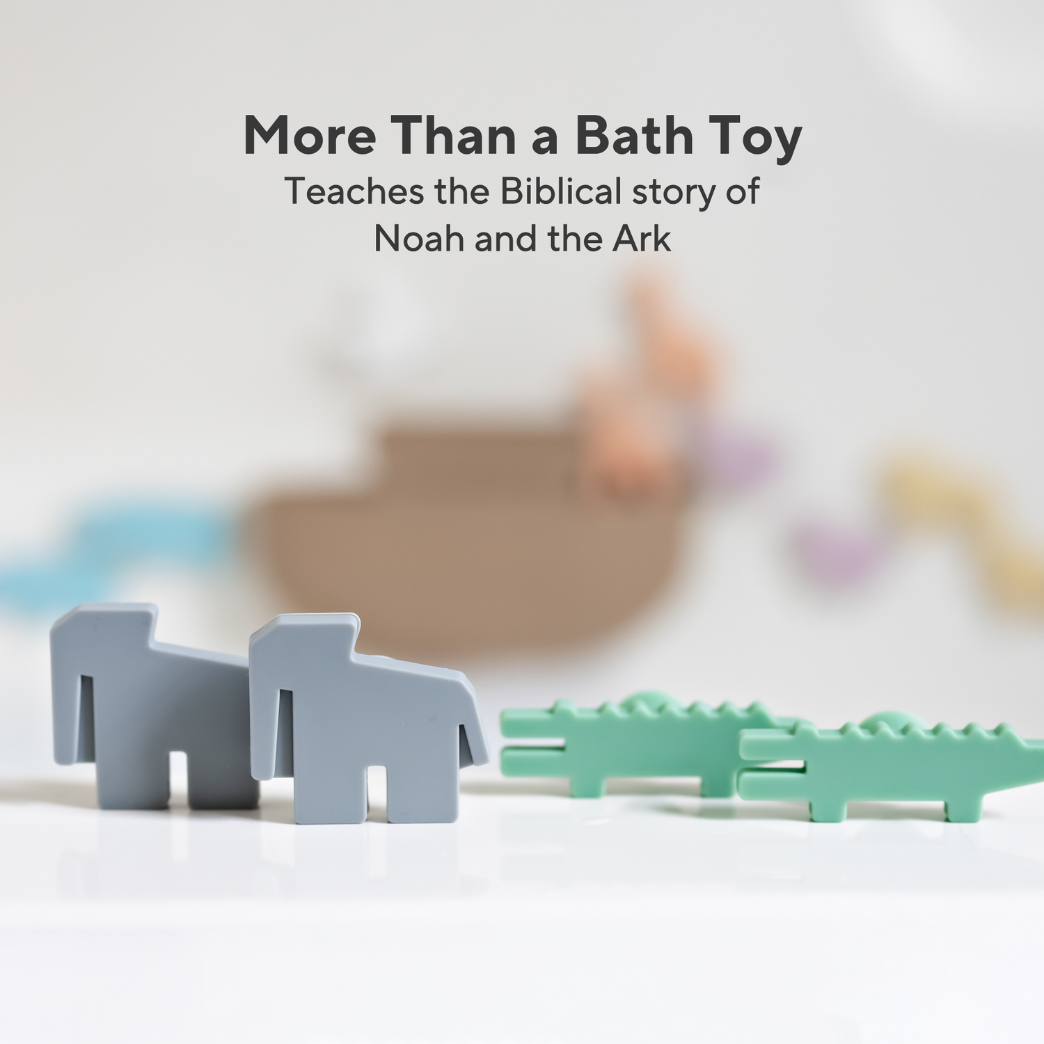 Toy figures of a boat, animals, and a rainbow on a white background with text about teaching the biblical story of Noah and the Ark.