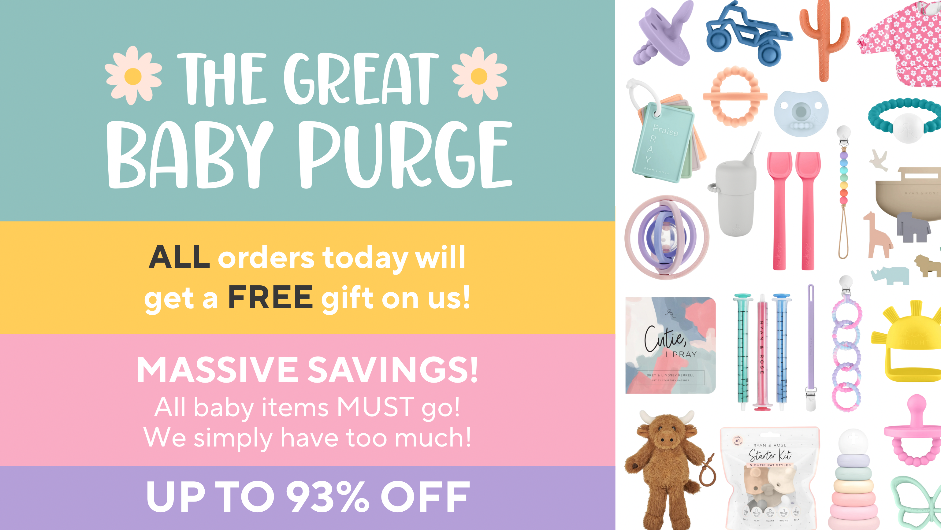 Promotional banner for 'The Great Baby Purge' sale with baby items and text on a colorful background.