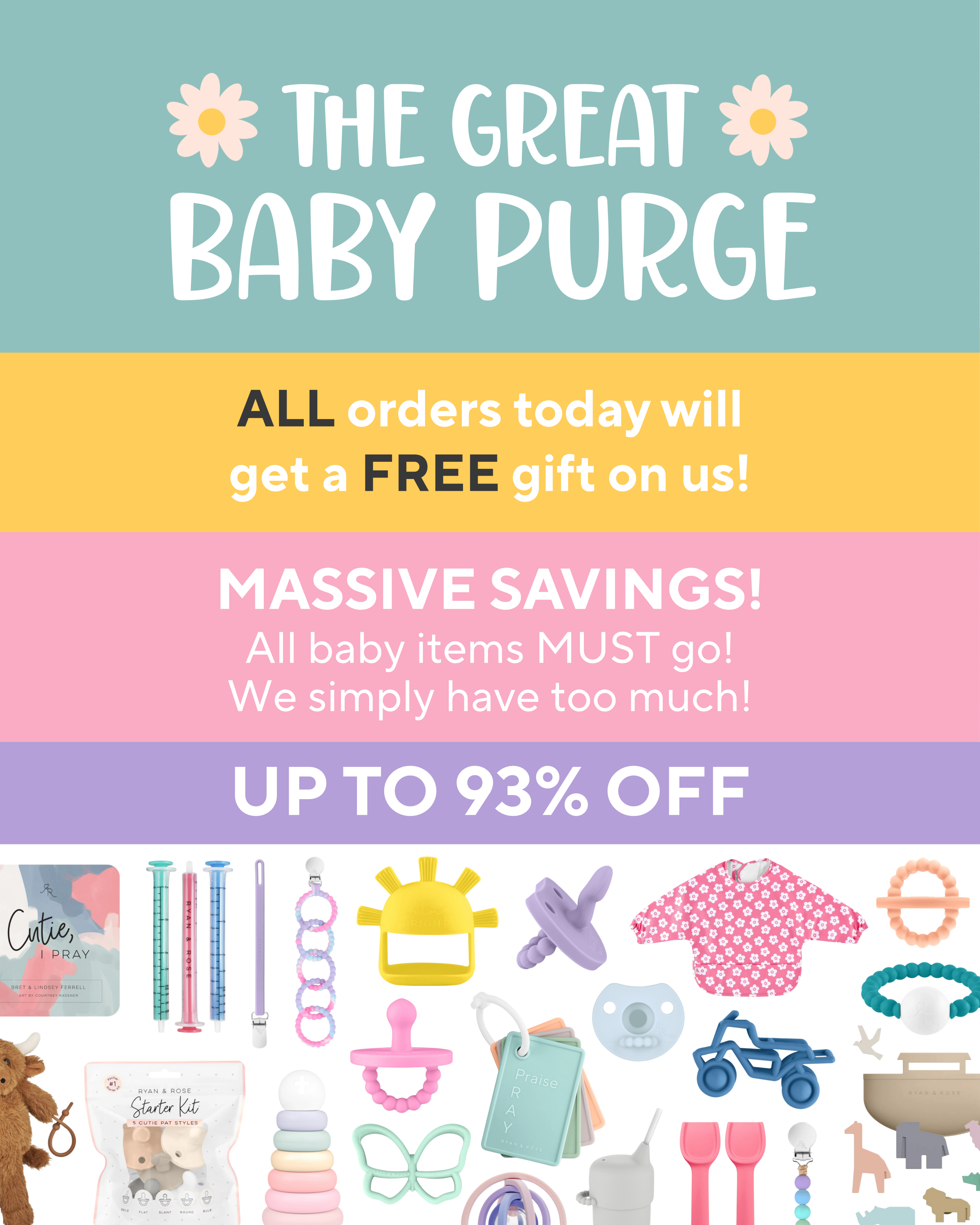 Promotional flyer for 'The Great Baby Purge' with baby items and savings information.