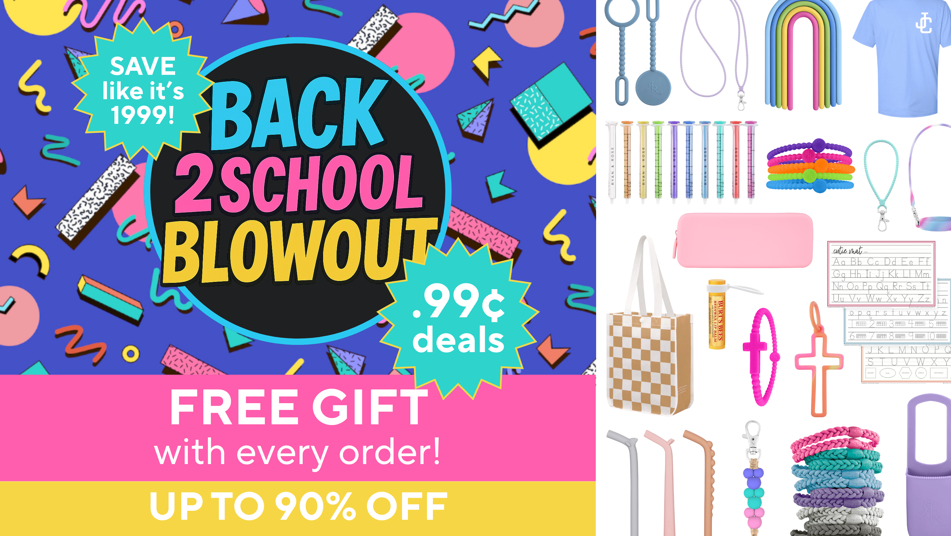 Promotional banner for a back-to-school sale with colorful graphics and text.