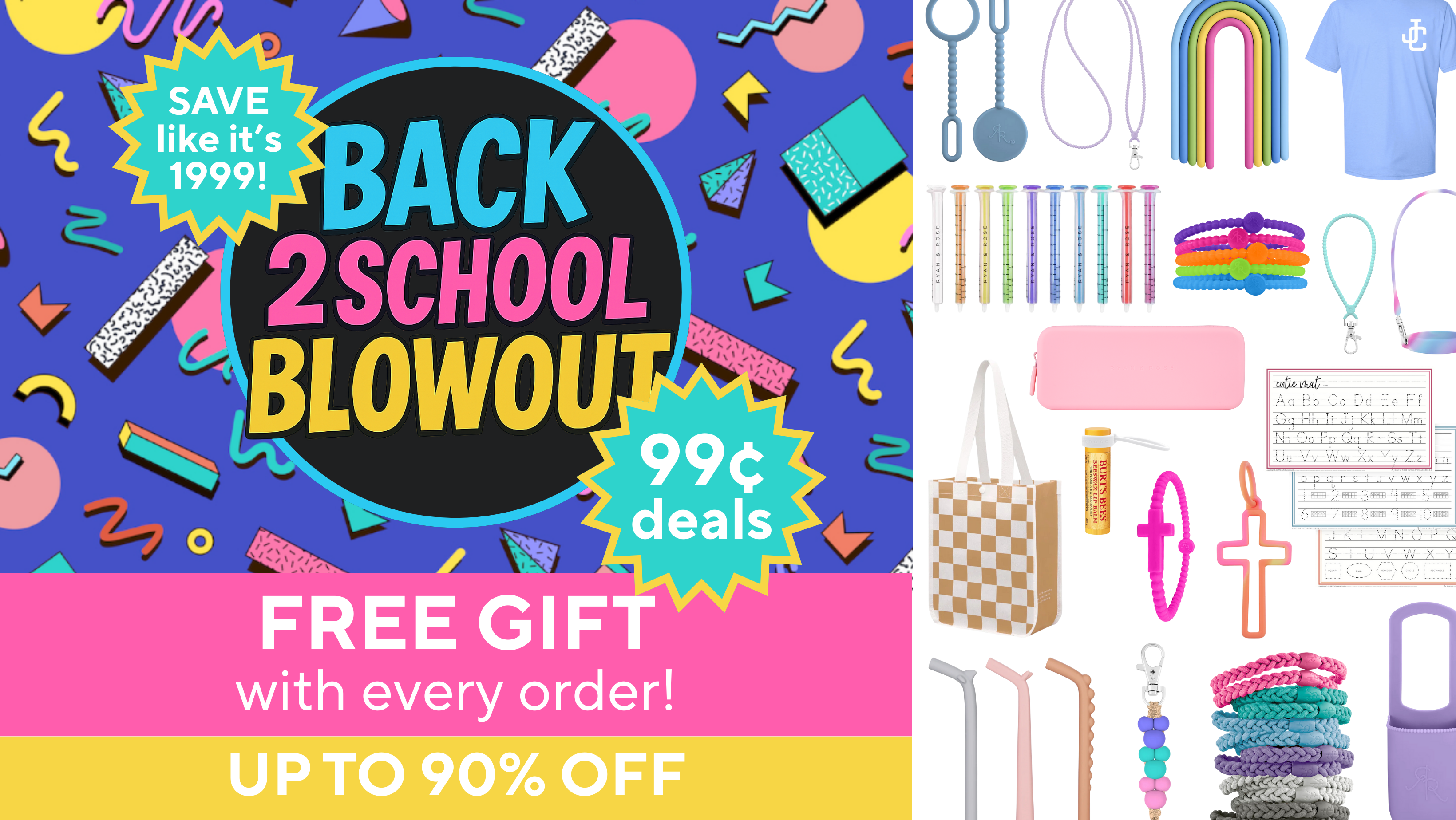 Promotional banner for a back-to-school sale with colorful graphics and text.