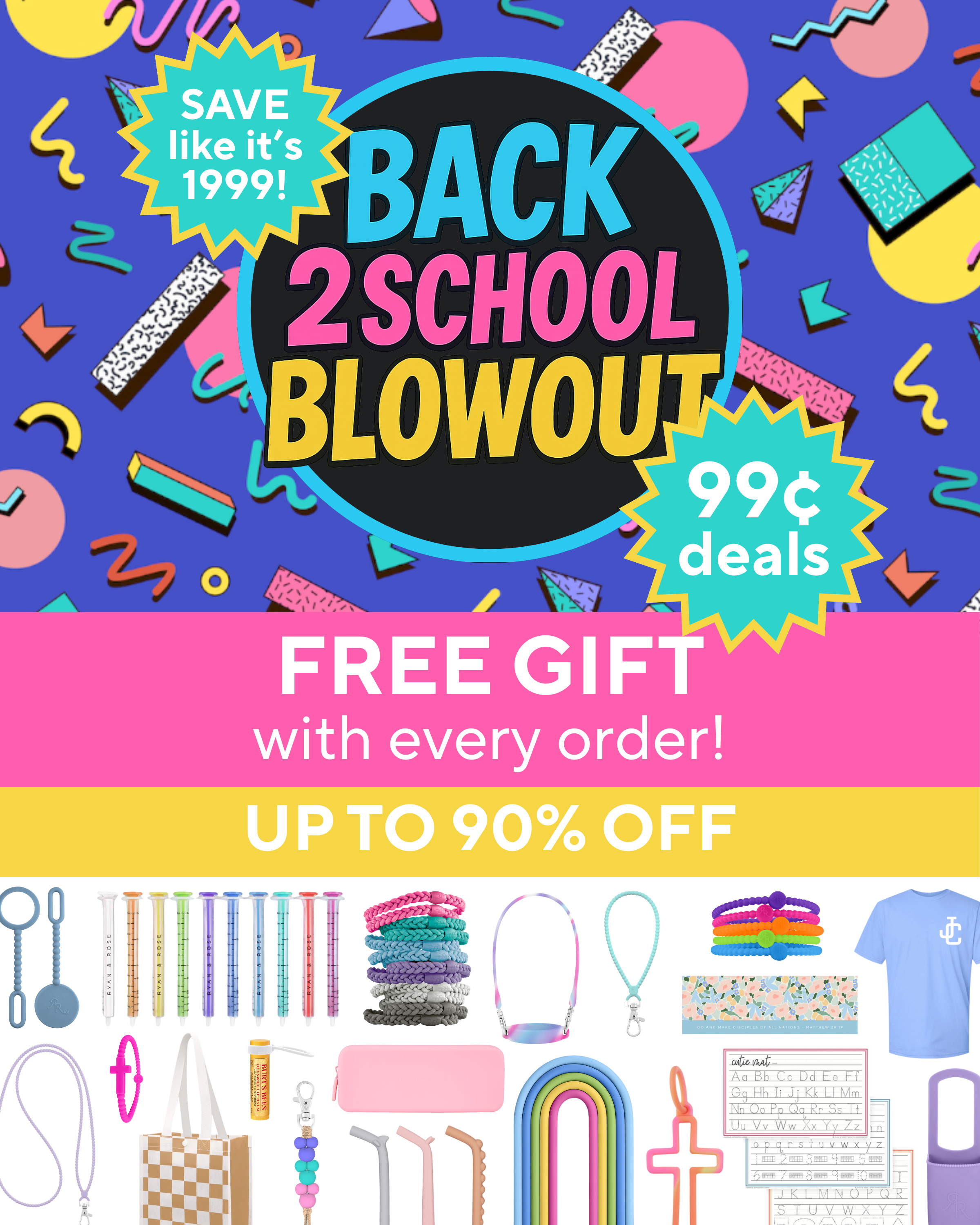 Promotional poster for a back-to-school sale with colorful text and product images.