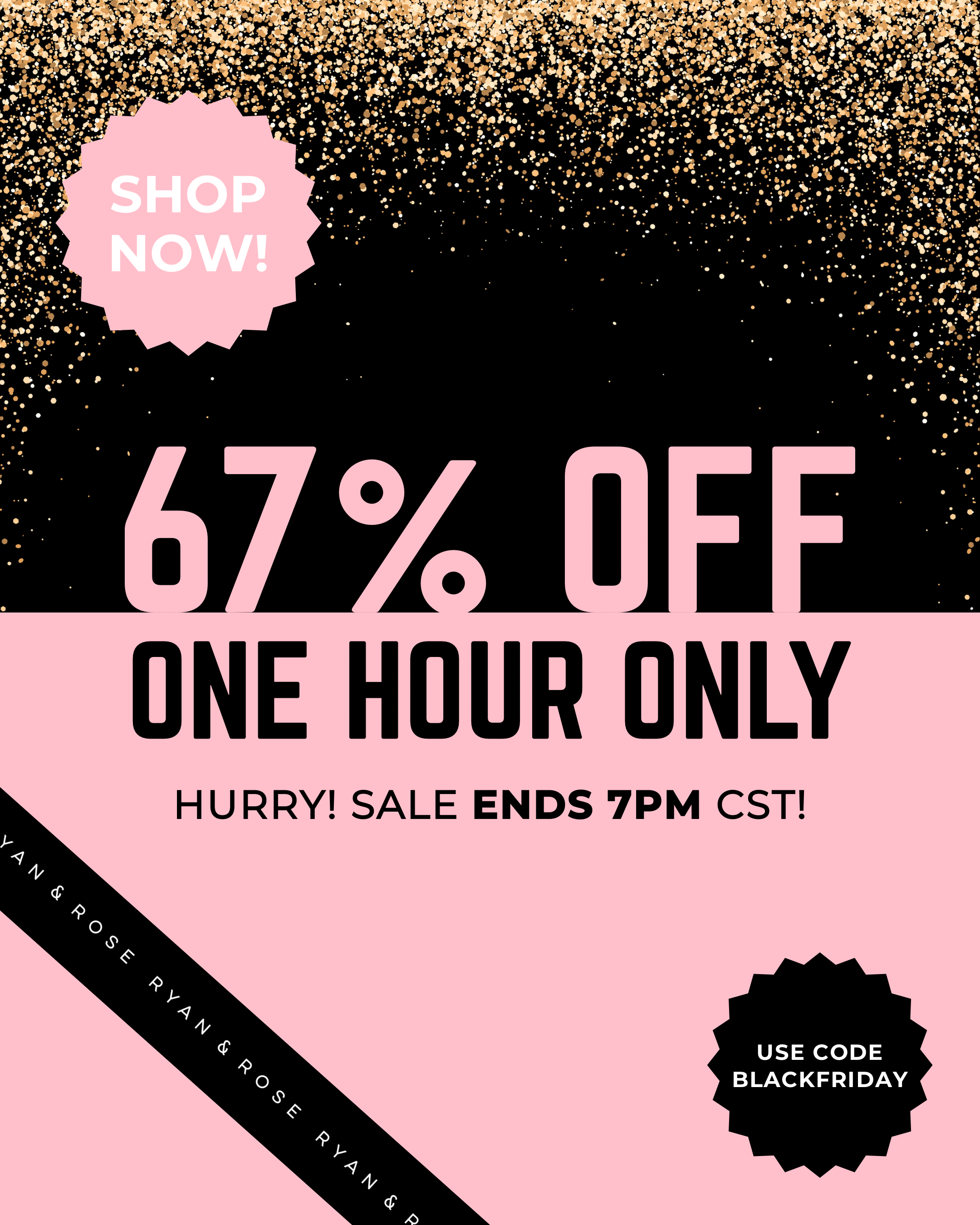 Promotional flyer with 67% off discount, limited-time offer, and call to action on a black and pink background.