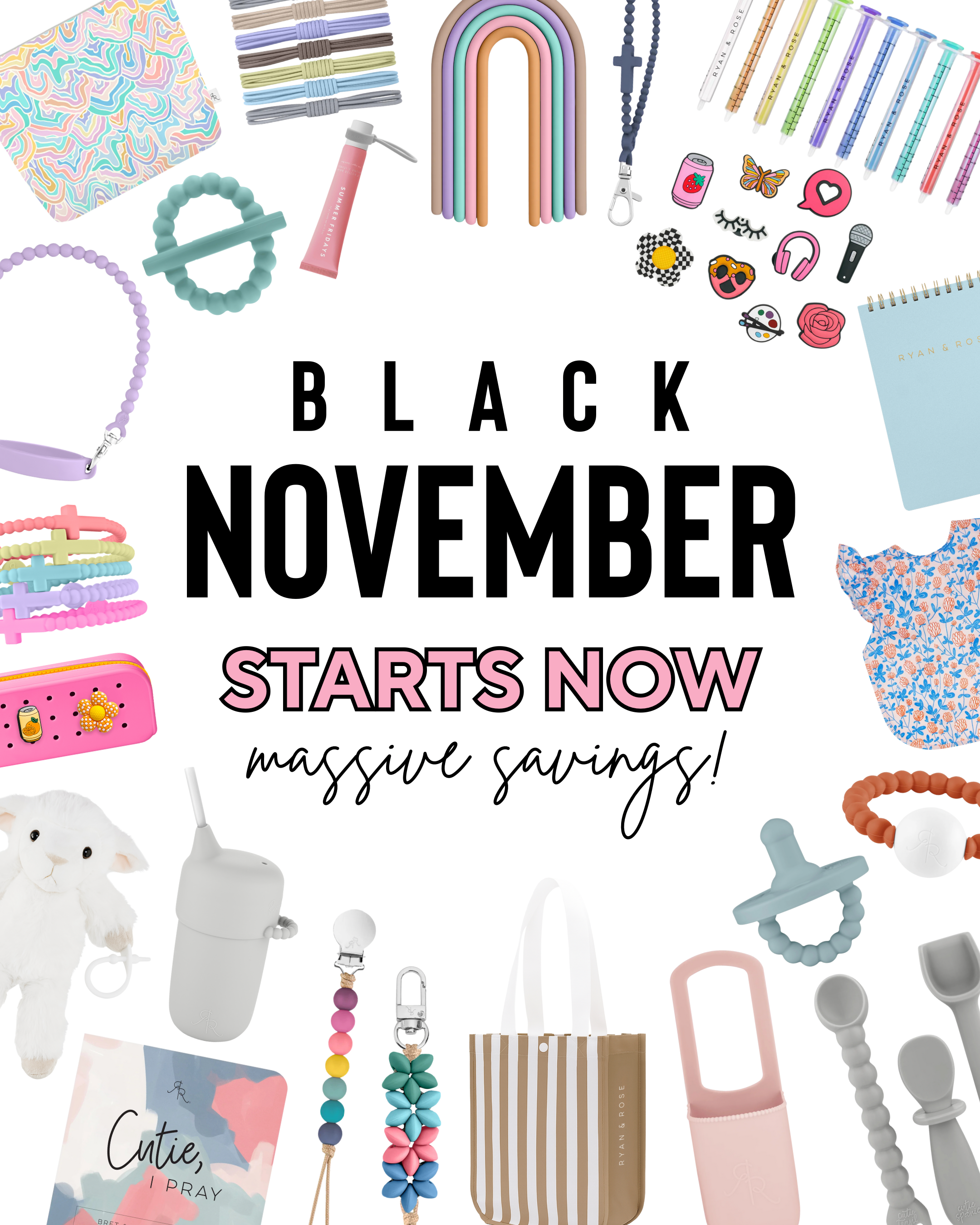 Promotional graphic for Black November sale with various baby products and accessories on a white background.