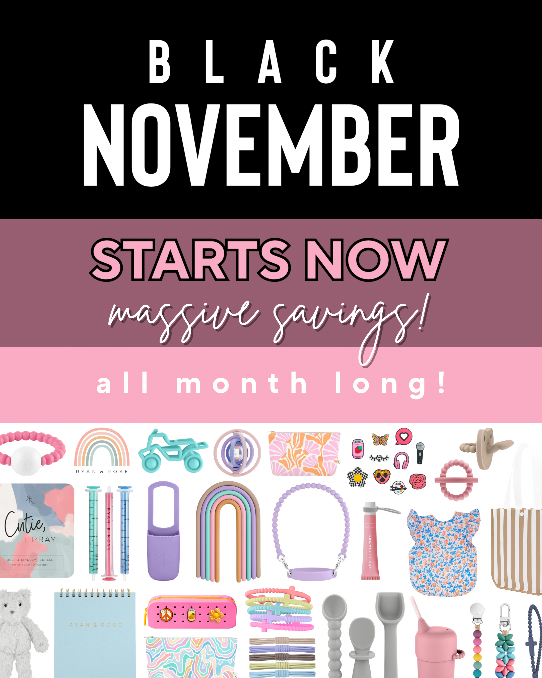 Promotional graphic for 'Black November' with colorful products and text on a black and pink background.