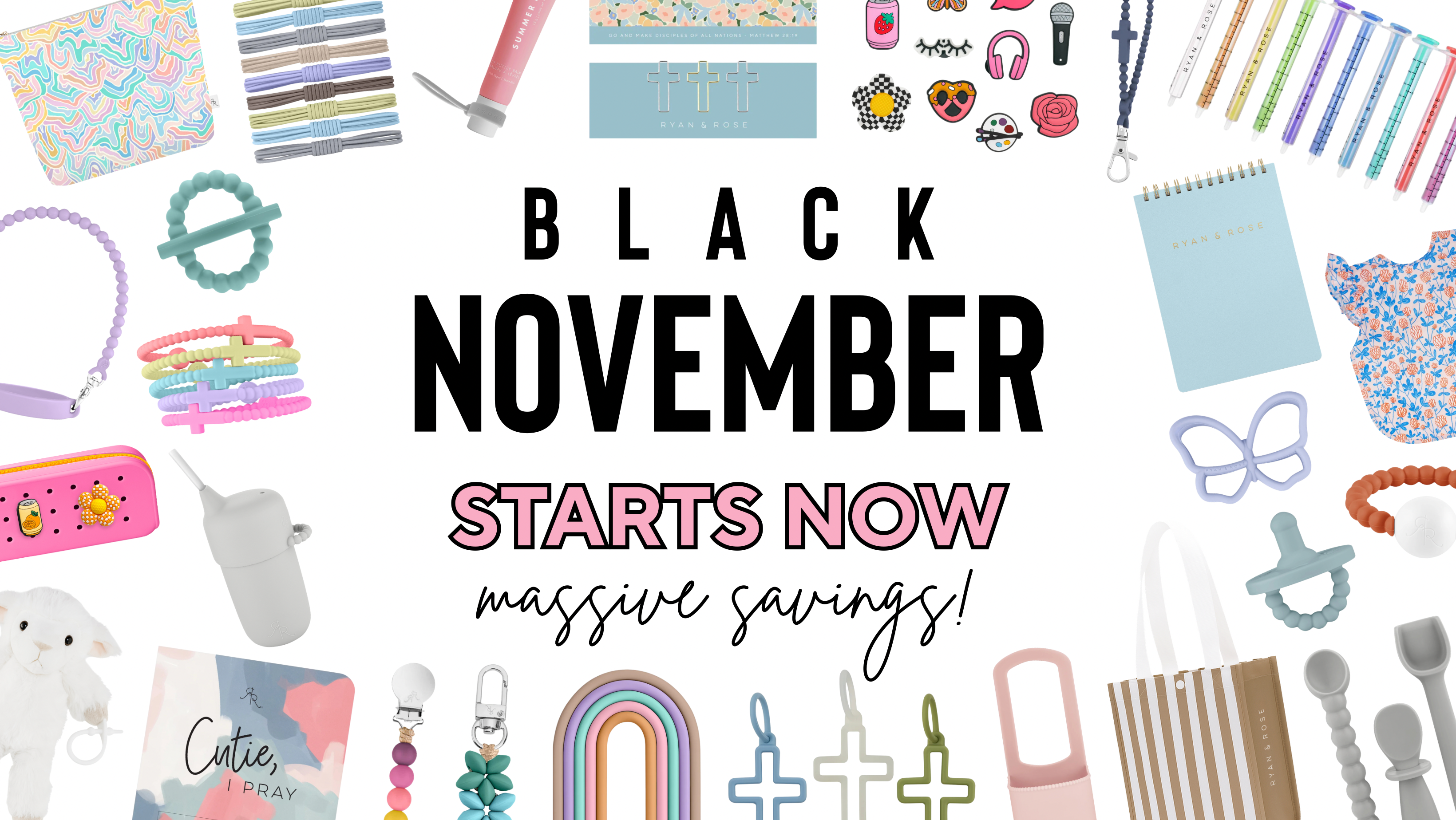 Promotional banner for 'Black November' sale with various colorful products on a white background.