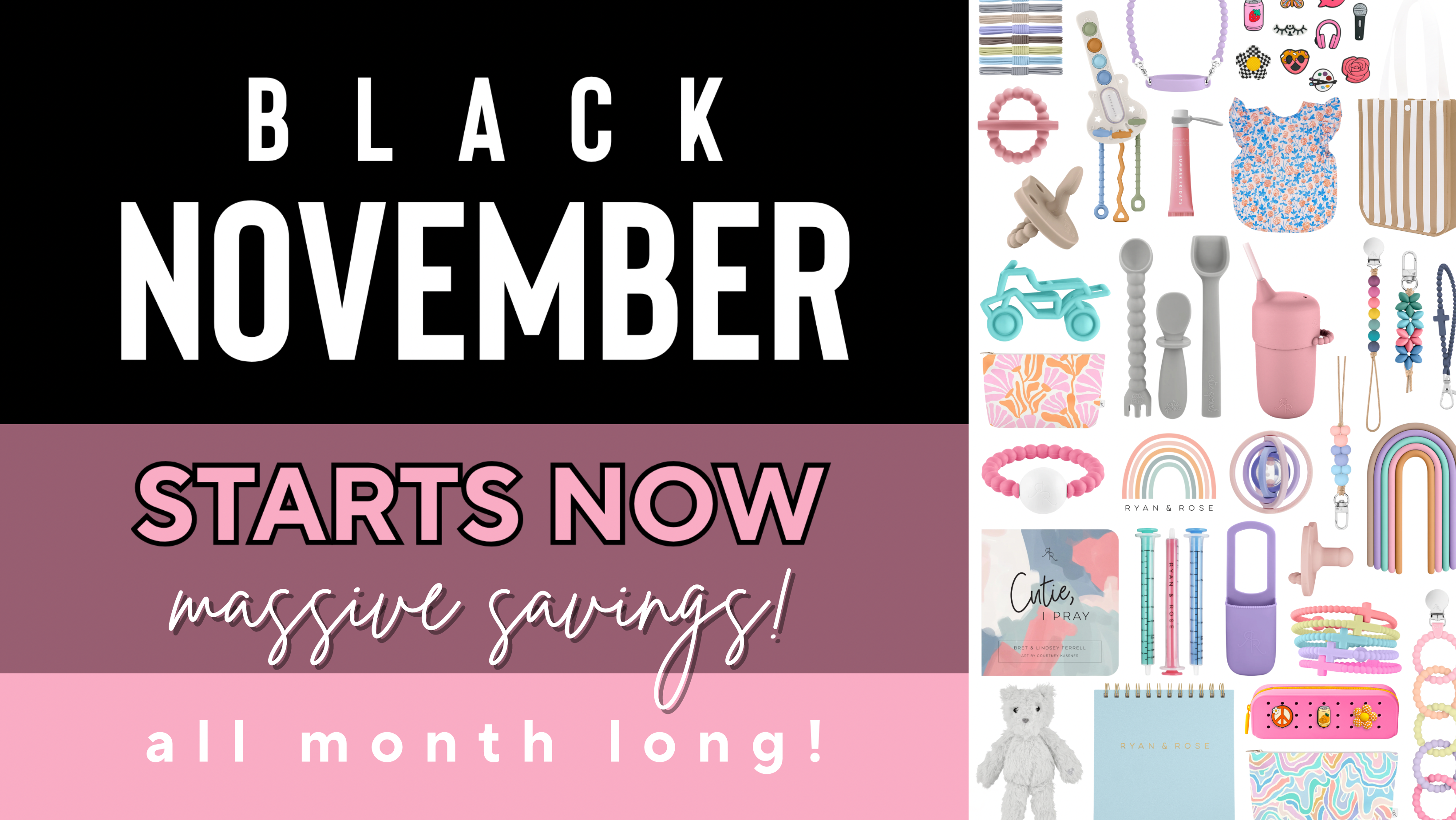 Promotional banner for 'Black November' sale with product images on a black, pink, and white background.