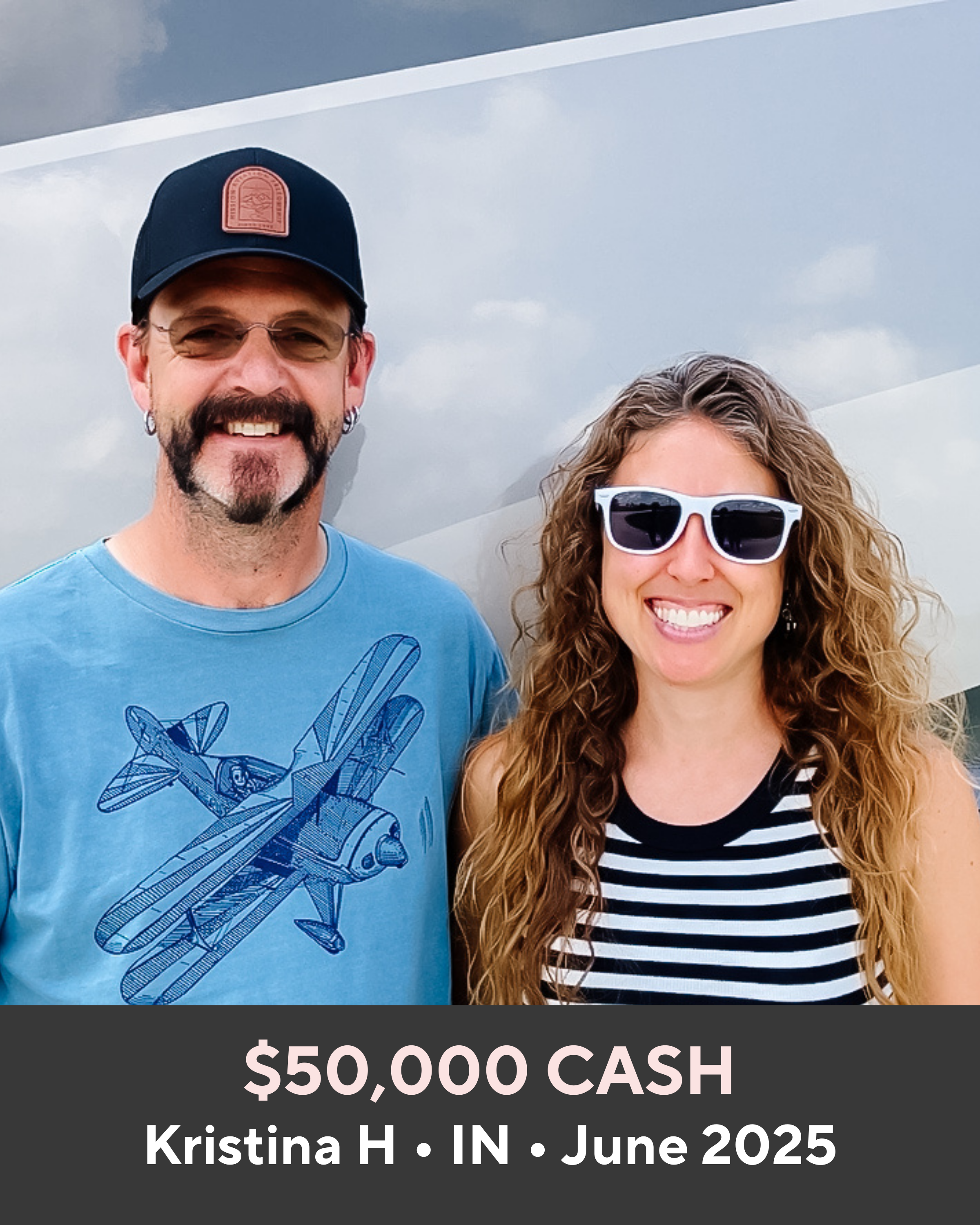 Two people standing together with a text overlay indicating $50,000 cash prize for Kristina H from Indiana in June 2025.