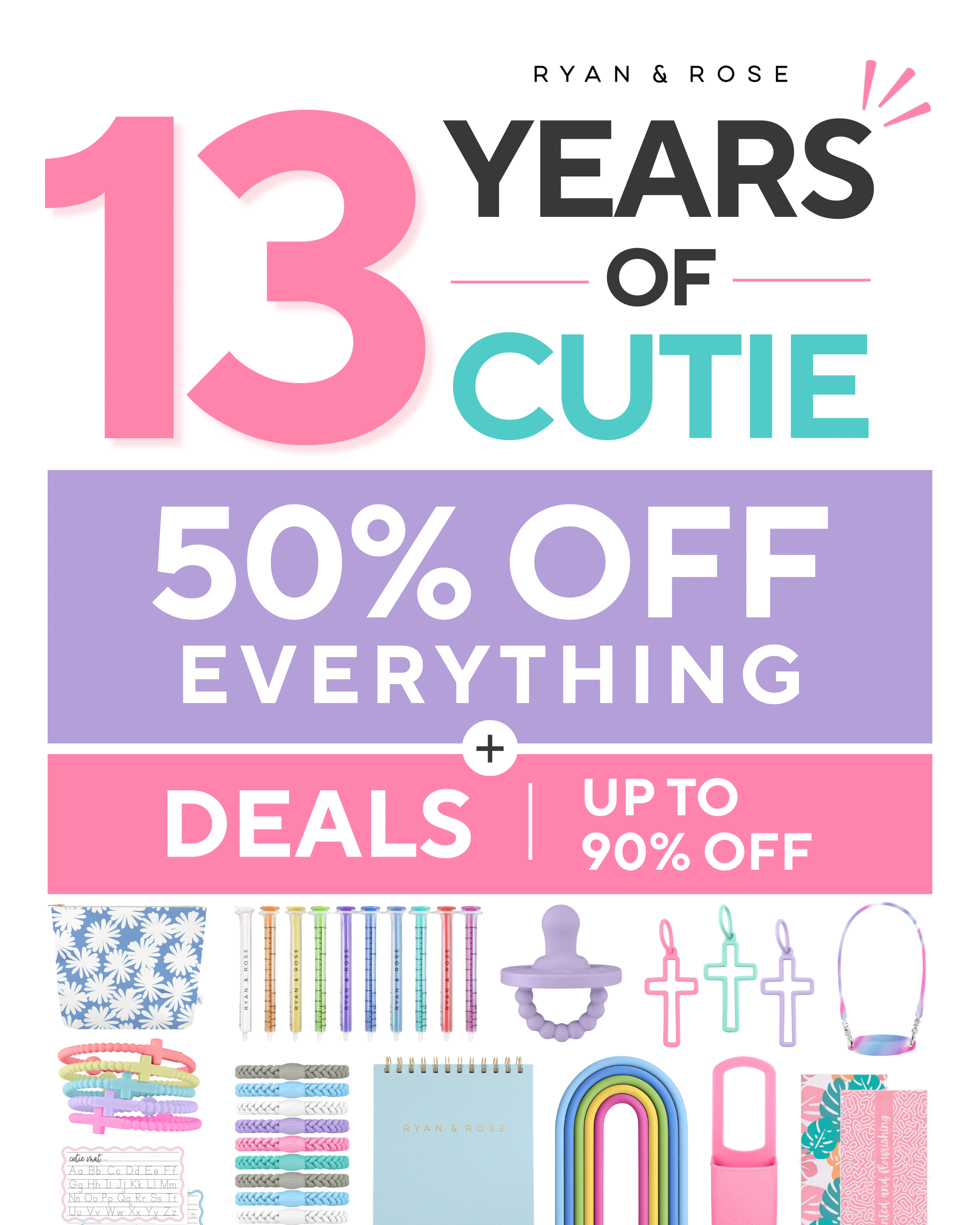 Promotional poster for '13 Years of Cutie' with product images and discount information.