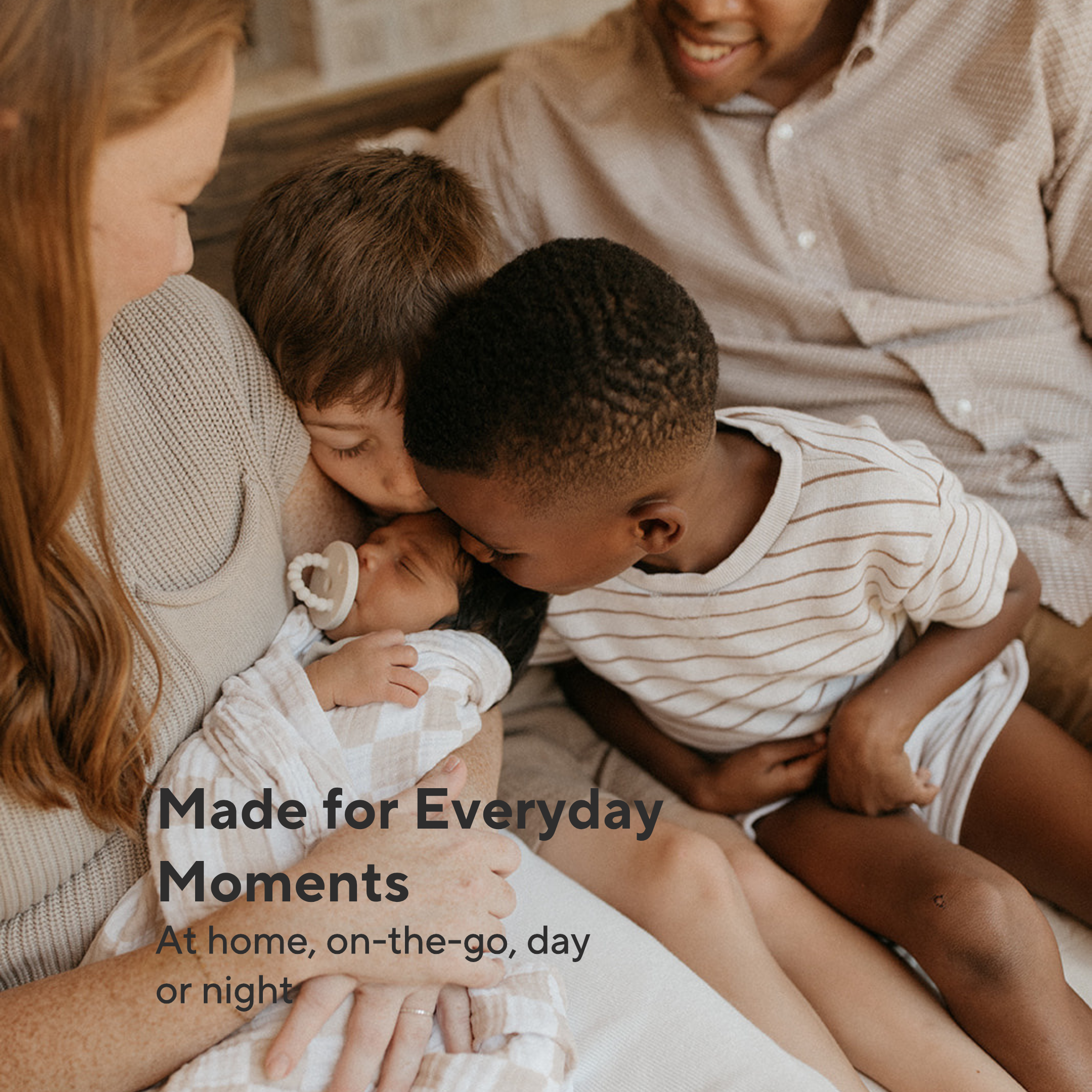 Family of four sitting together with text &