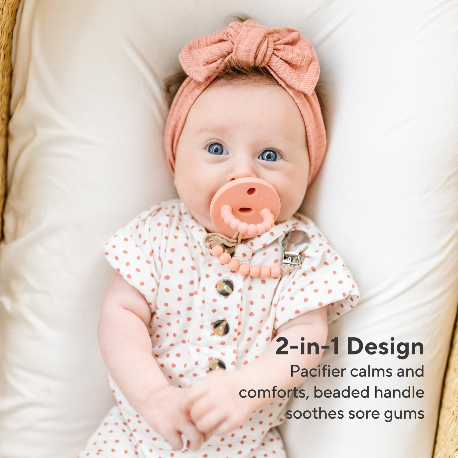 Baby wearing a pink pacifier and headband with text about product features.