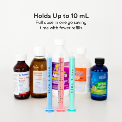 Medication bottles and syringes with text highlighting capacity and refill savings.