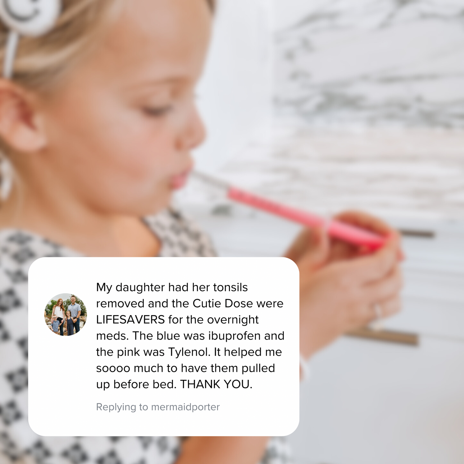 Child holding a syringe with a comment overlay about using Cutie Dose for tonsil surgery recovery.